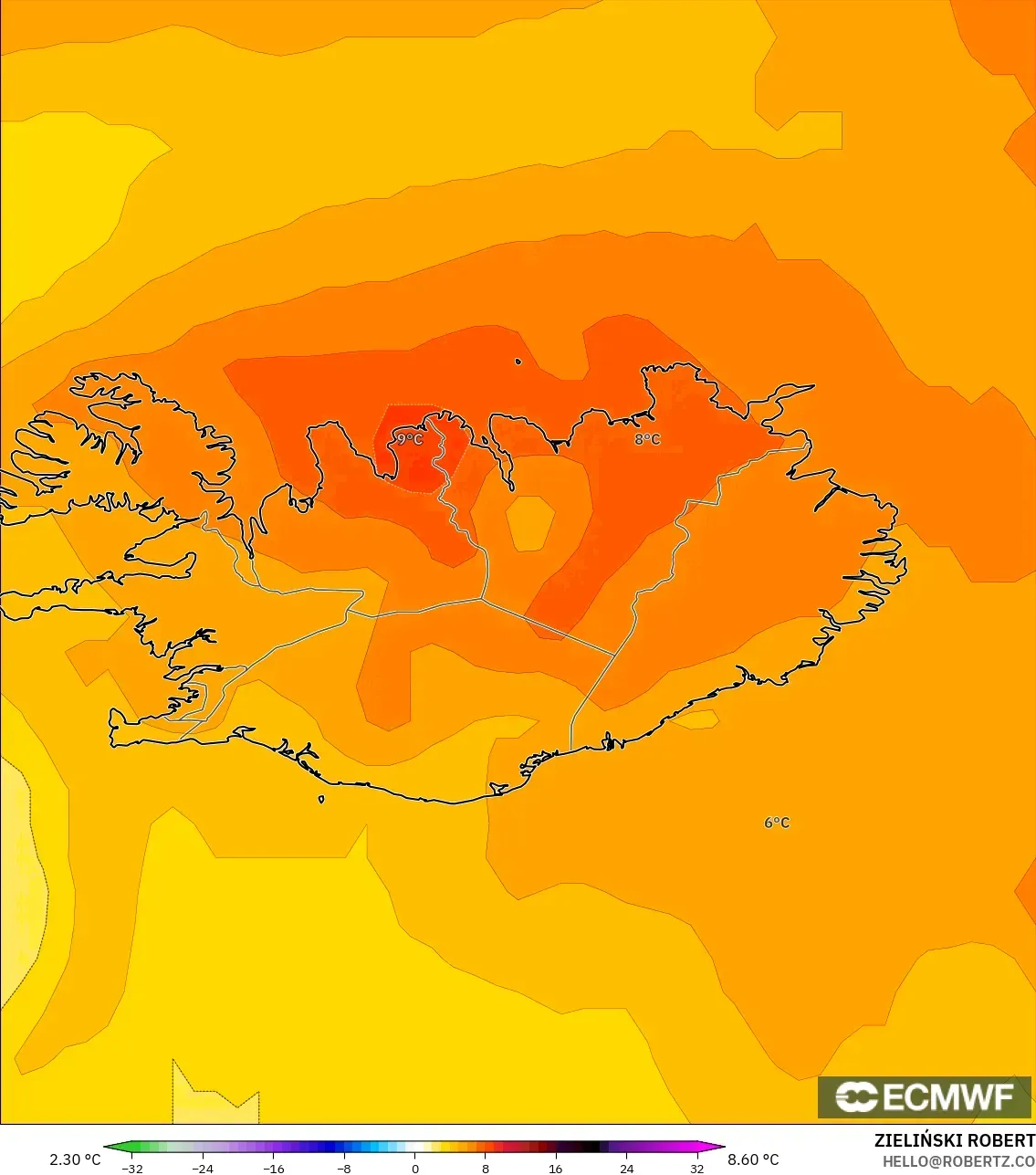 ECMWF IFS 0.25° نموذج - آيسلندا, انحراف درجة الحرارة 850 hPa