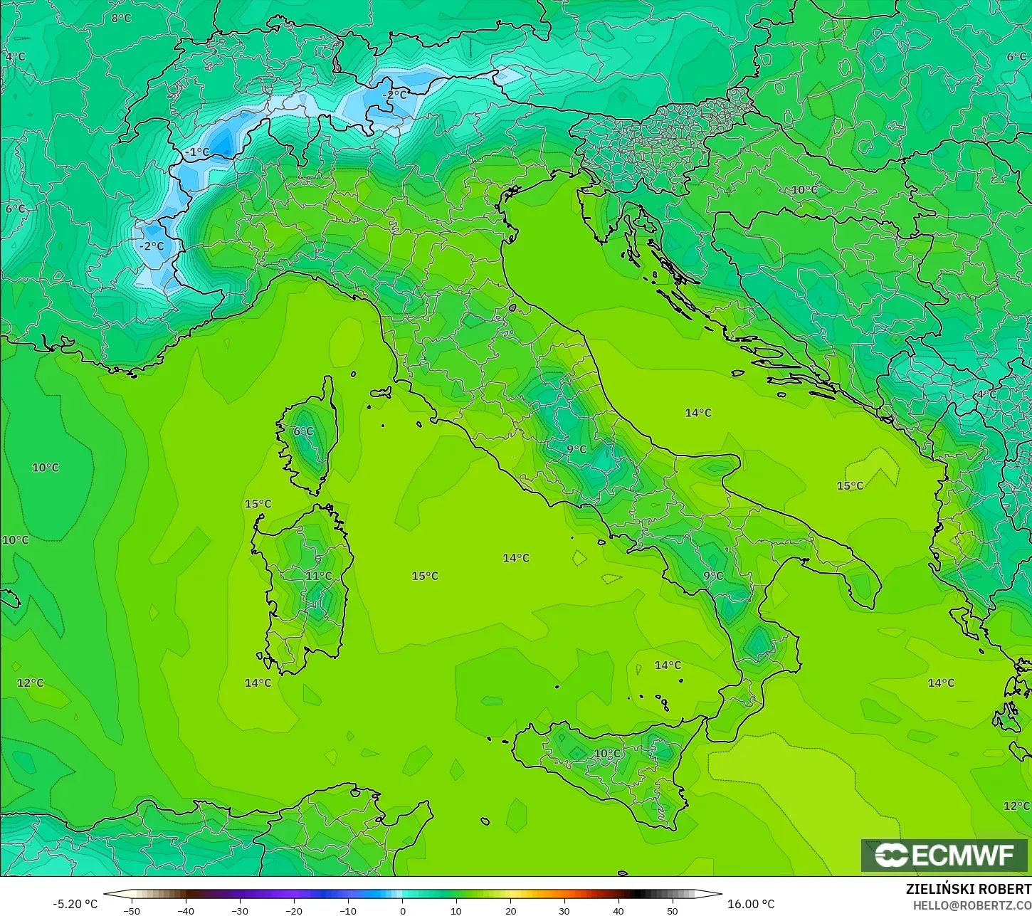 ECMWF IFS 0.25° نموذج - إيطاليا, نقطة الندى 2 م