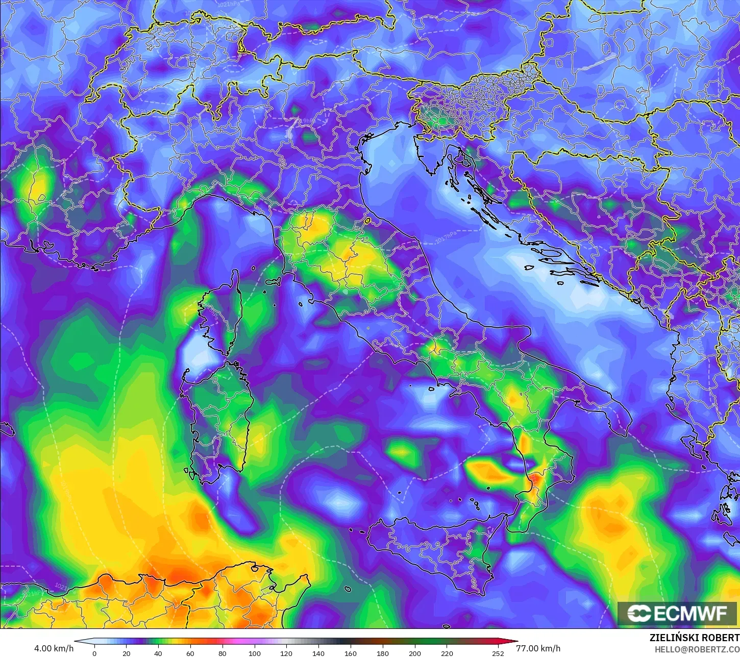 ECMWF IFS 0.25° نموذج - إيطاليا, هبات الرياح