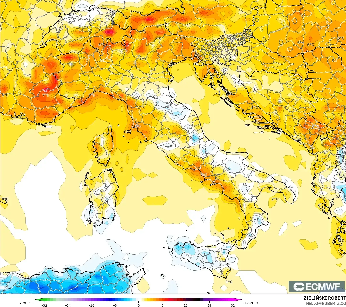 ECMWF IFS 0.25° نموذج - إيطاليا, انحراف درجة الحرارة 2 م
