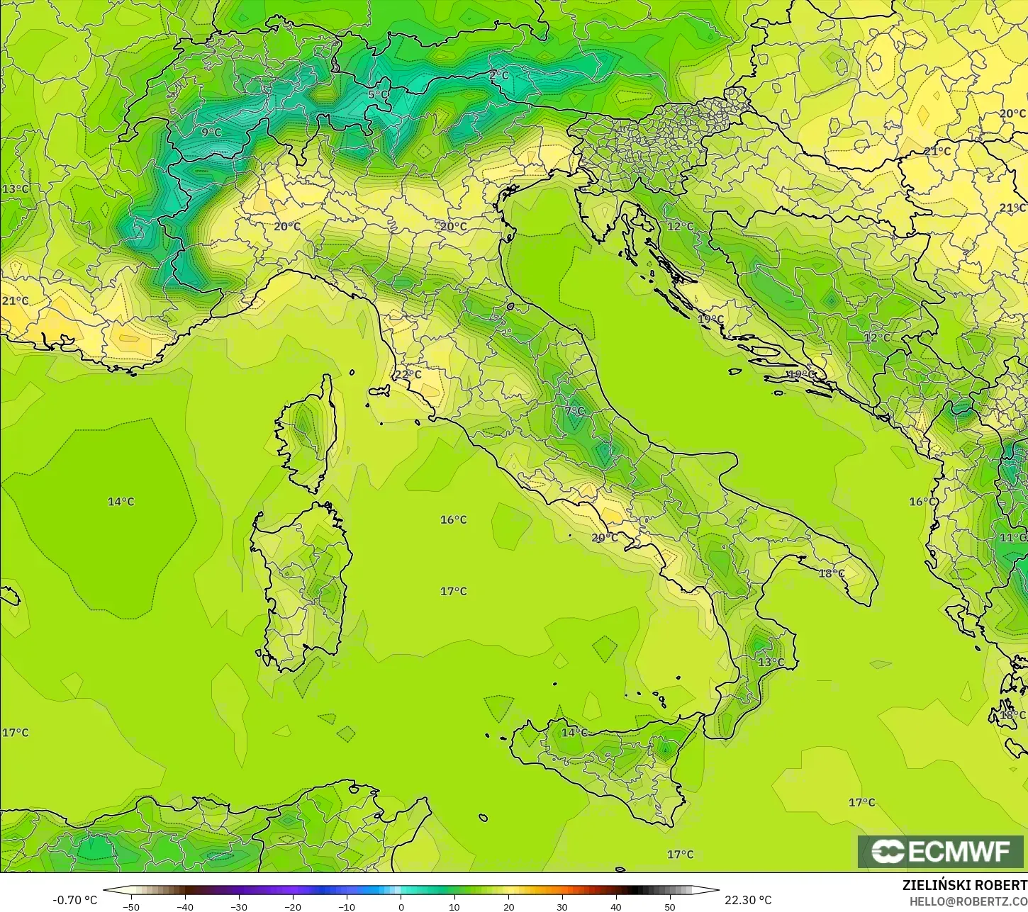 ECMWF IFS 0.25° نموذج - إيطاليا, درجة الحرارة على ارتفاع 2 م