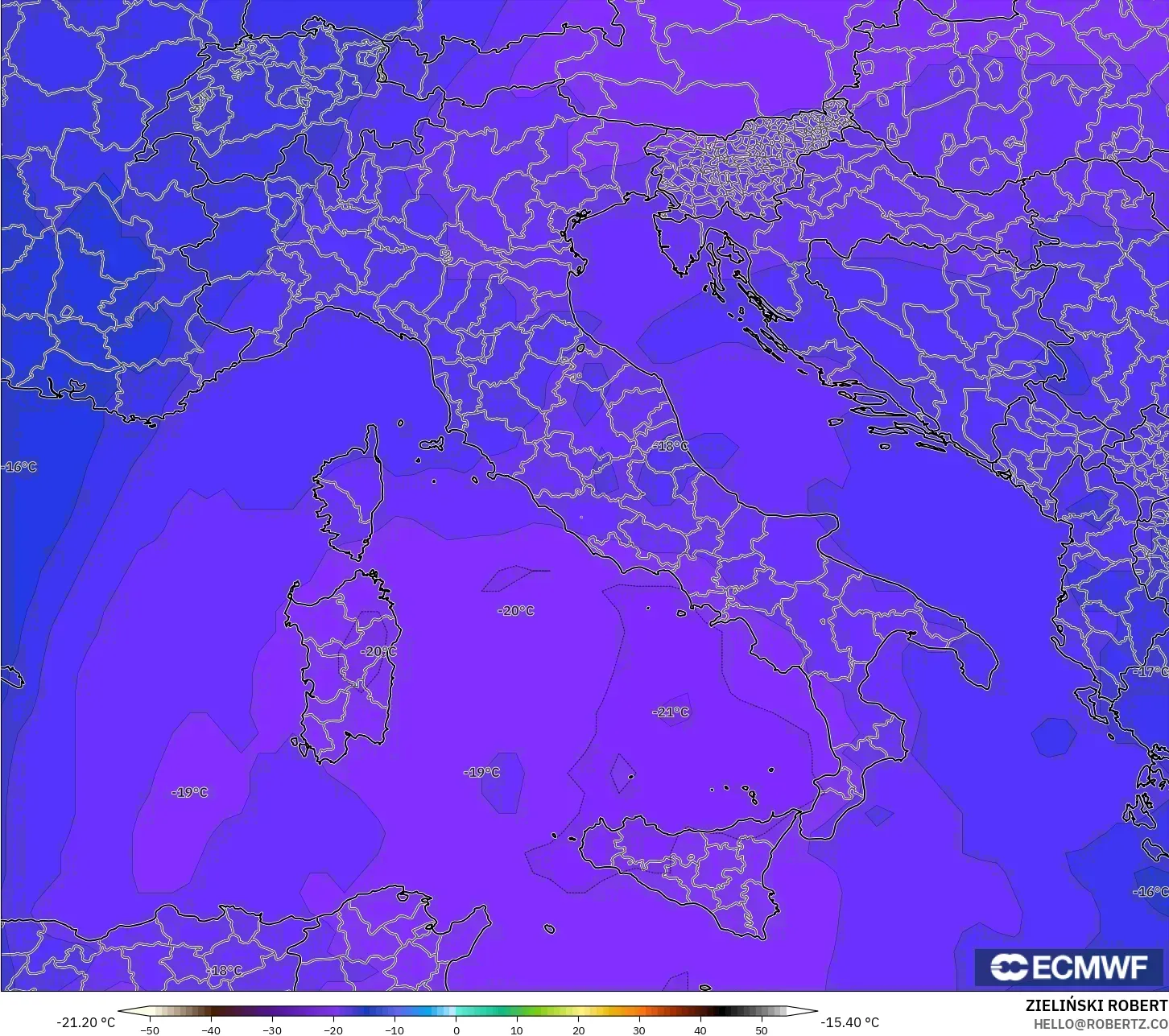 ECMWF IFS 0.25° نموذج - إيطاليا, درجة الحرارة 500 hPa