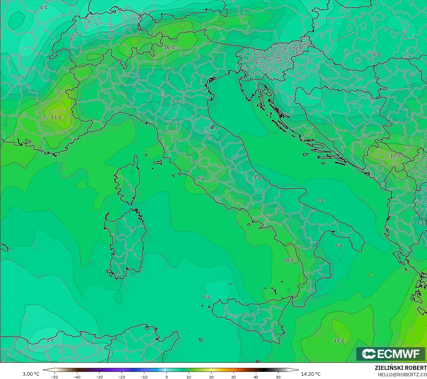 ECMWF IFS 0.25° نموذج - إيطاليا, درجة الحرارة 850 hPa