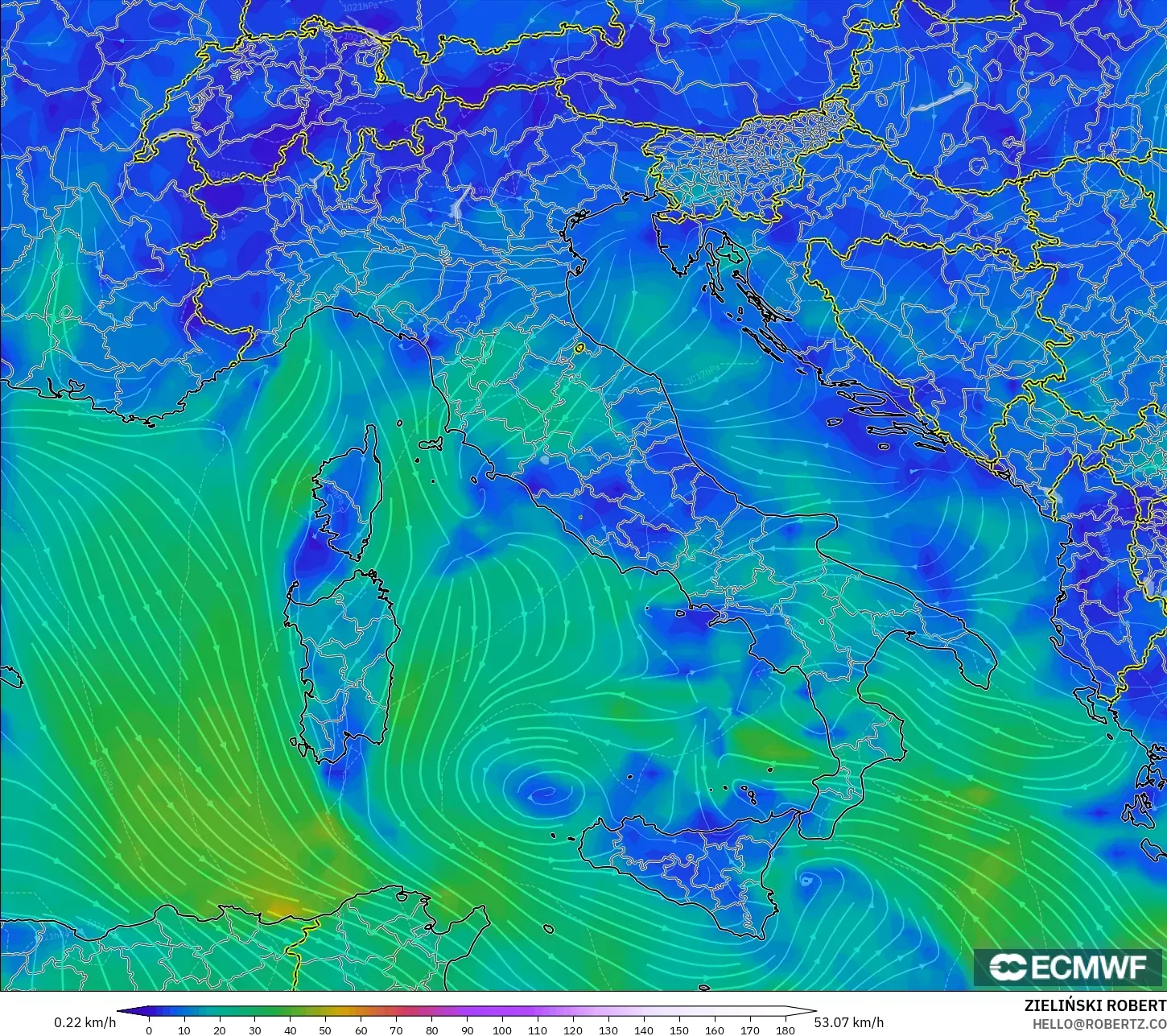 ECMWF IFS 0.25° نموذج - إيطاليا, رياح 10 م