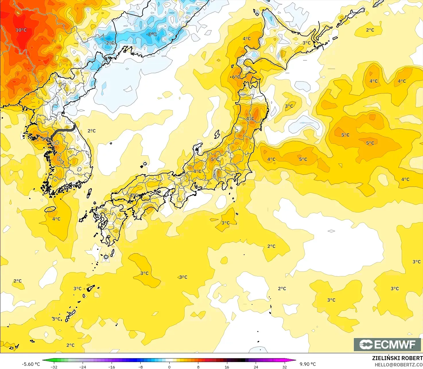 ECMWF IFS 0.25° نموذج - اليابان, انحراف درجة الحرارة 2 م