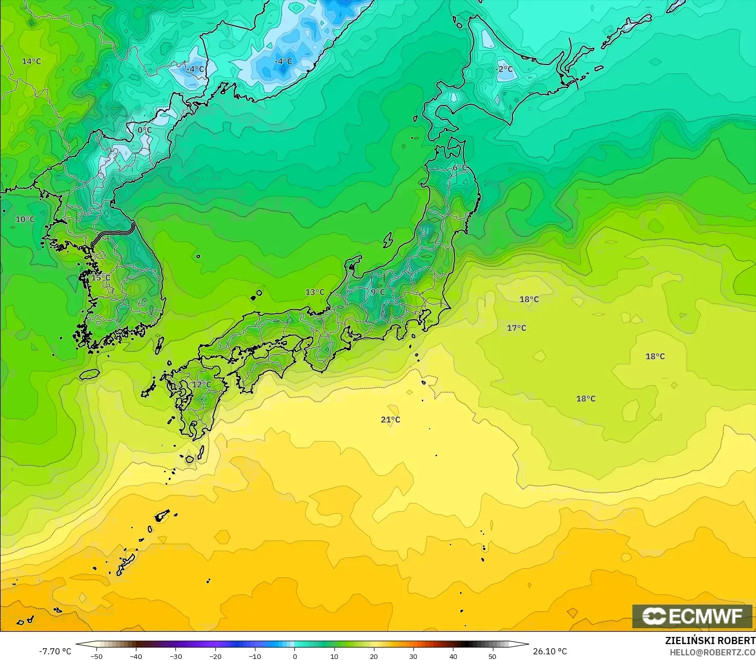 ECMWF IFS 0.25° نموذج - اليابان, درجة الحرارة على ارتفاع 2 م