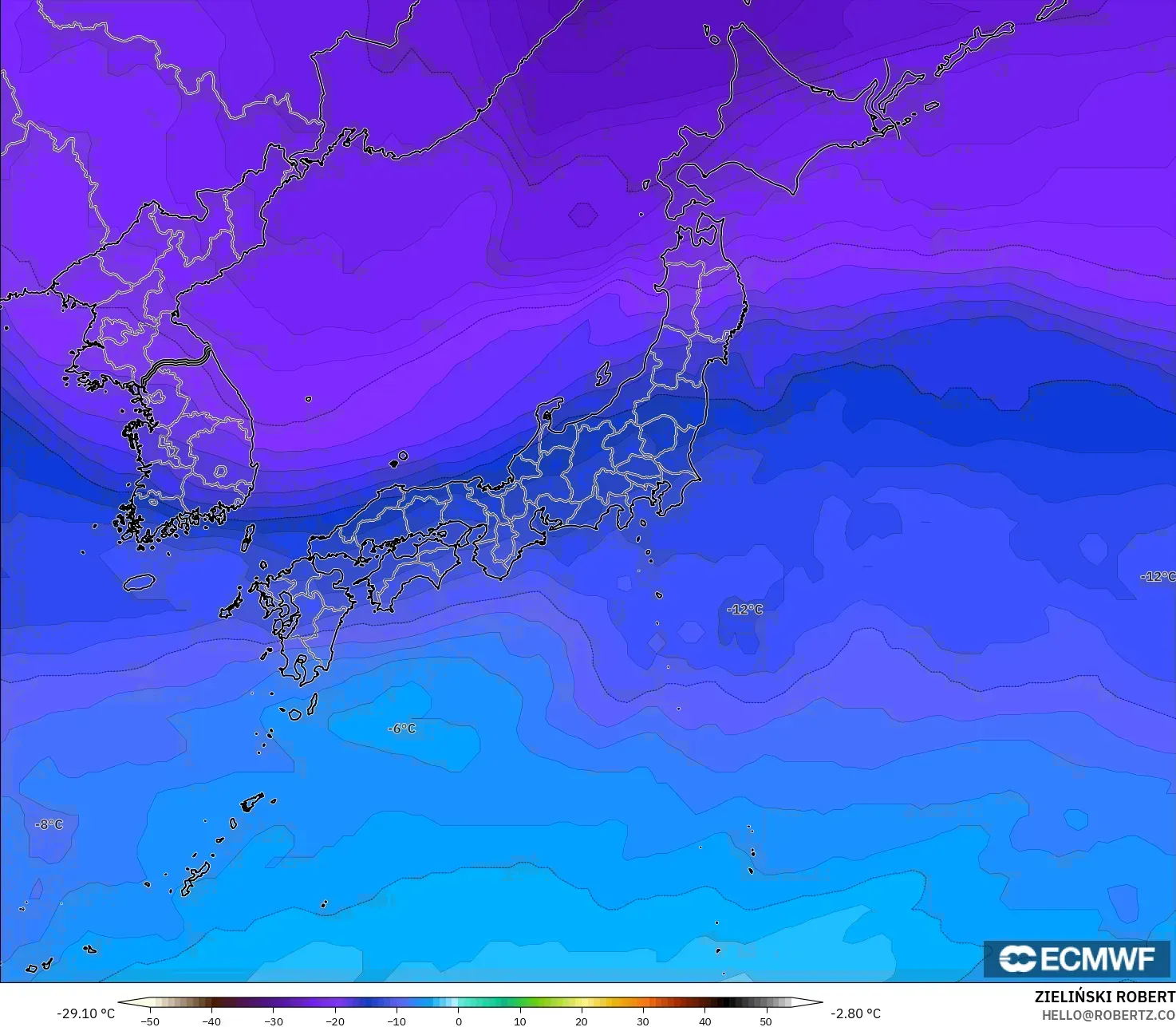 ECMWF IFS 0.25° نموذج - اليابان, درجة الحرارة 500 hPa