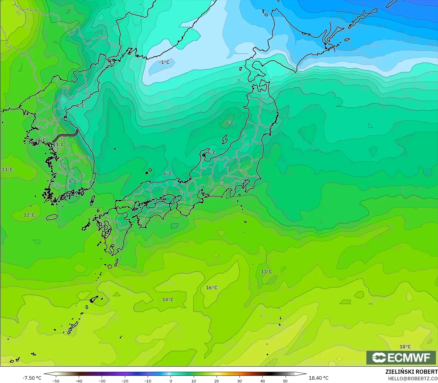 ECMWF IFS 0.25° نموذج - اليابان, درجة الحرارة 850 hPa
