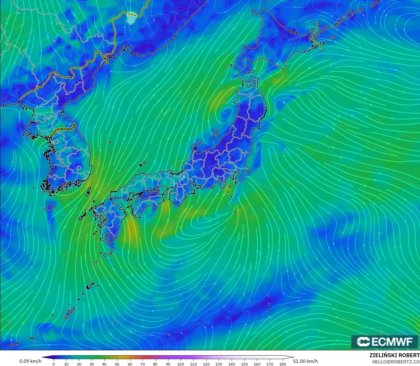 ECMWF IFS 0.25° نموذج - اليابان, رياح 10 م