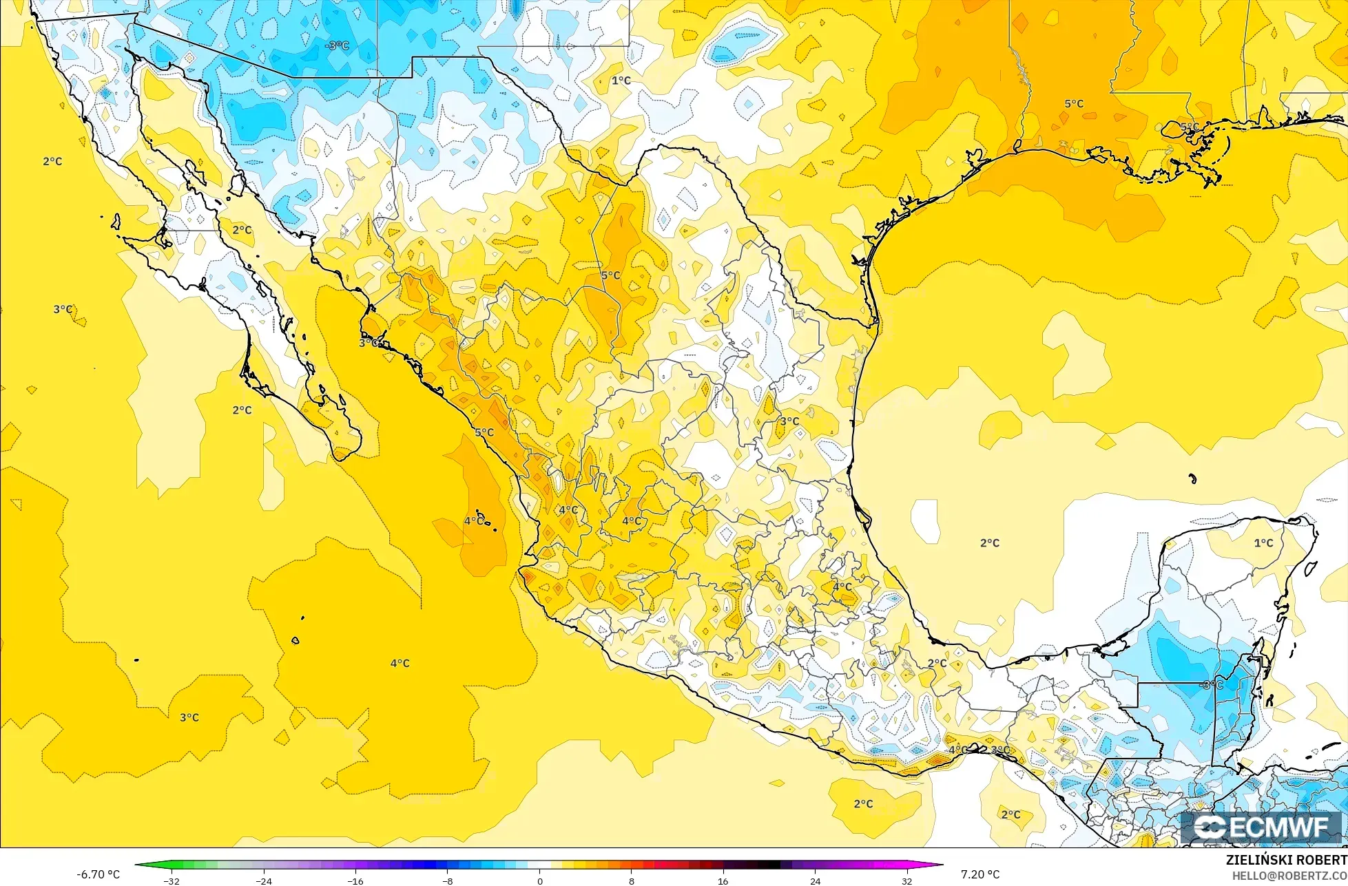 ECMWF IFS 0.25° نموذج - المكسيك, انحراف درجة الحرارة 2 م