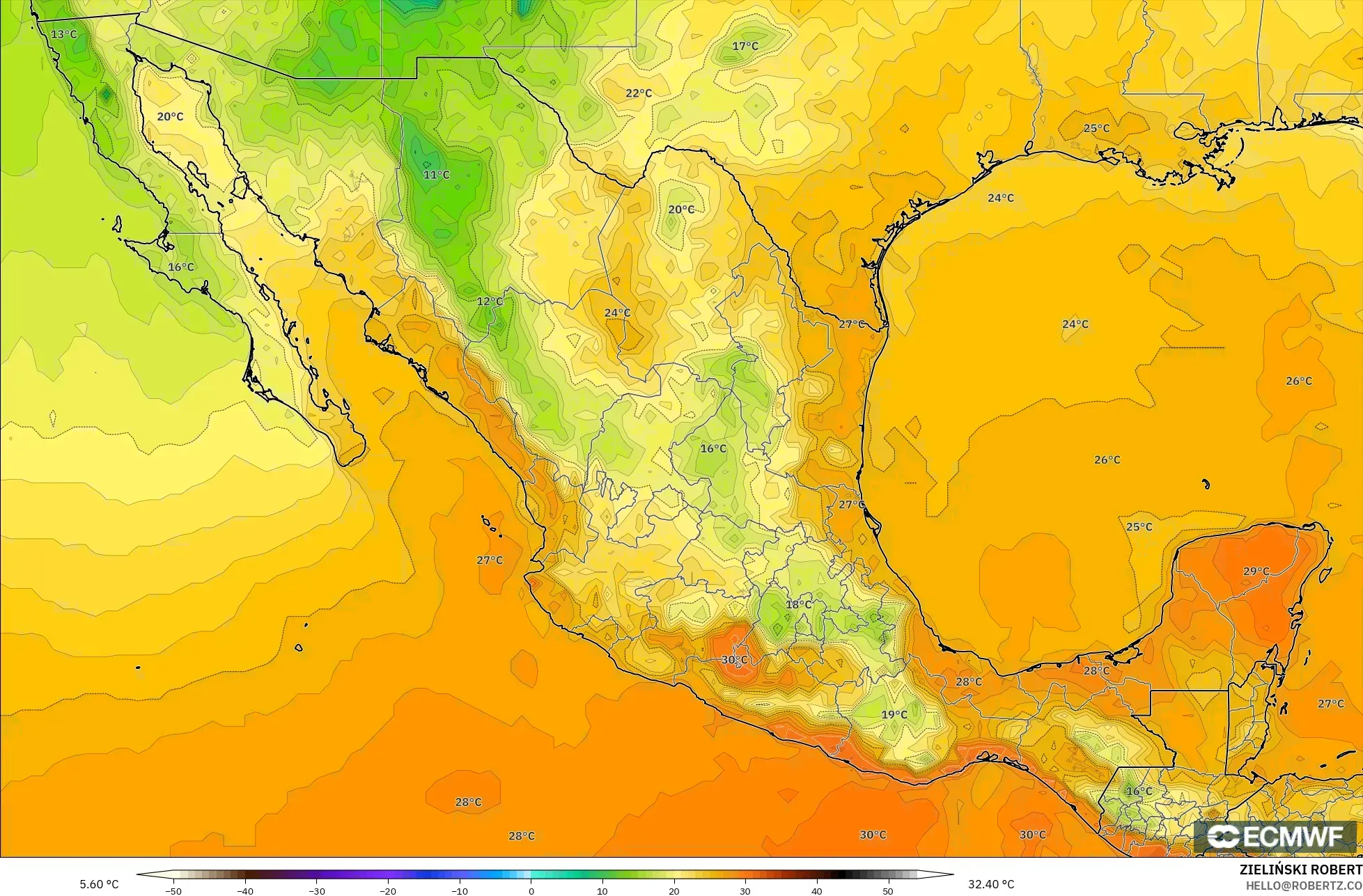 ECMWF IFS 0.25° نموذج - المكسيك, درجة الحرارة على ارتفاع 2 م