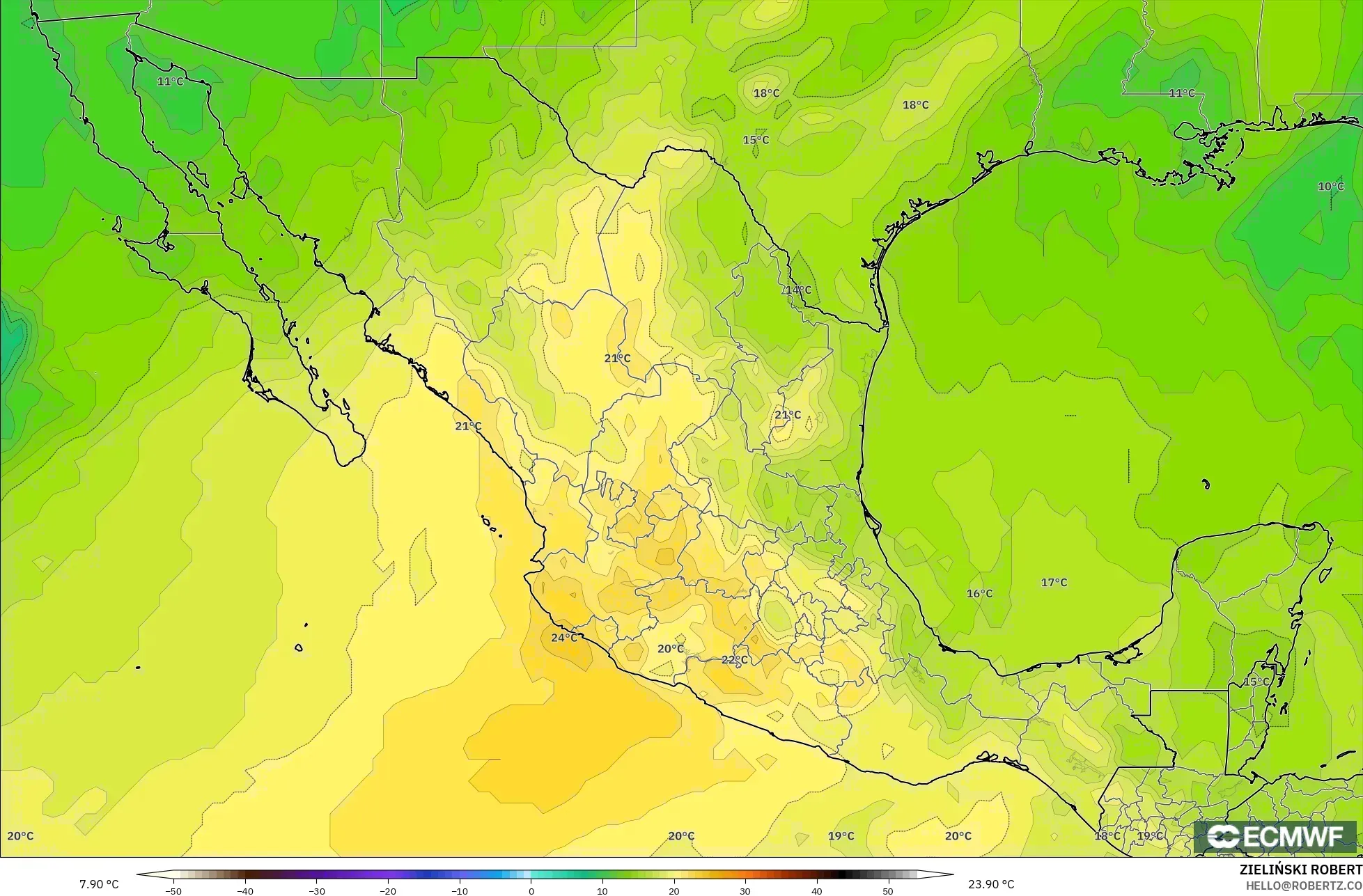 ECMWF IFS 0.25° نموذج - المكسيك, درجة الحرارة 850 hPa