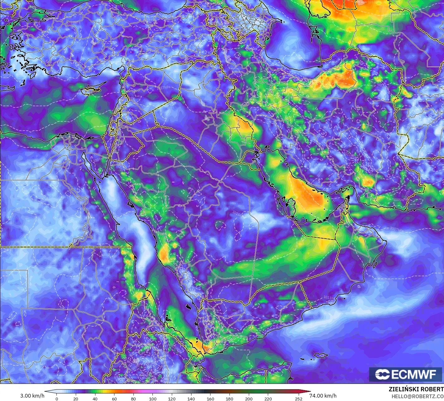 ECMWF IFS 0.25° نموذج - الشرق الأوسط, هبات الرياح