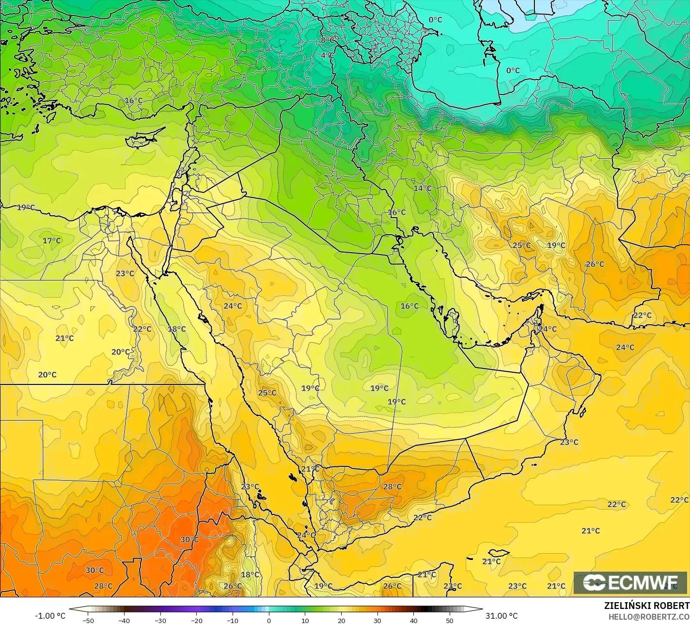 ECMWF IFS 0.25° نموذج - الشرق الأوسط, درجة الحرارة 850 hPa