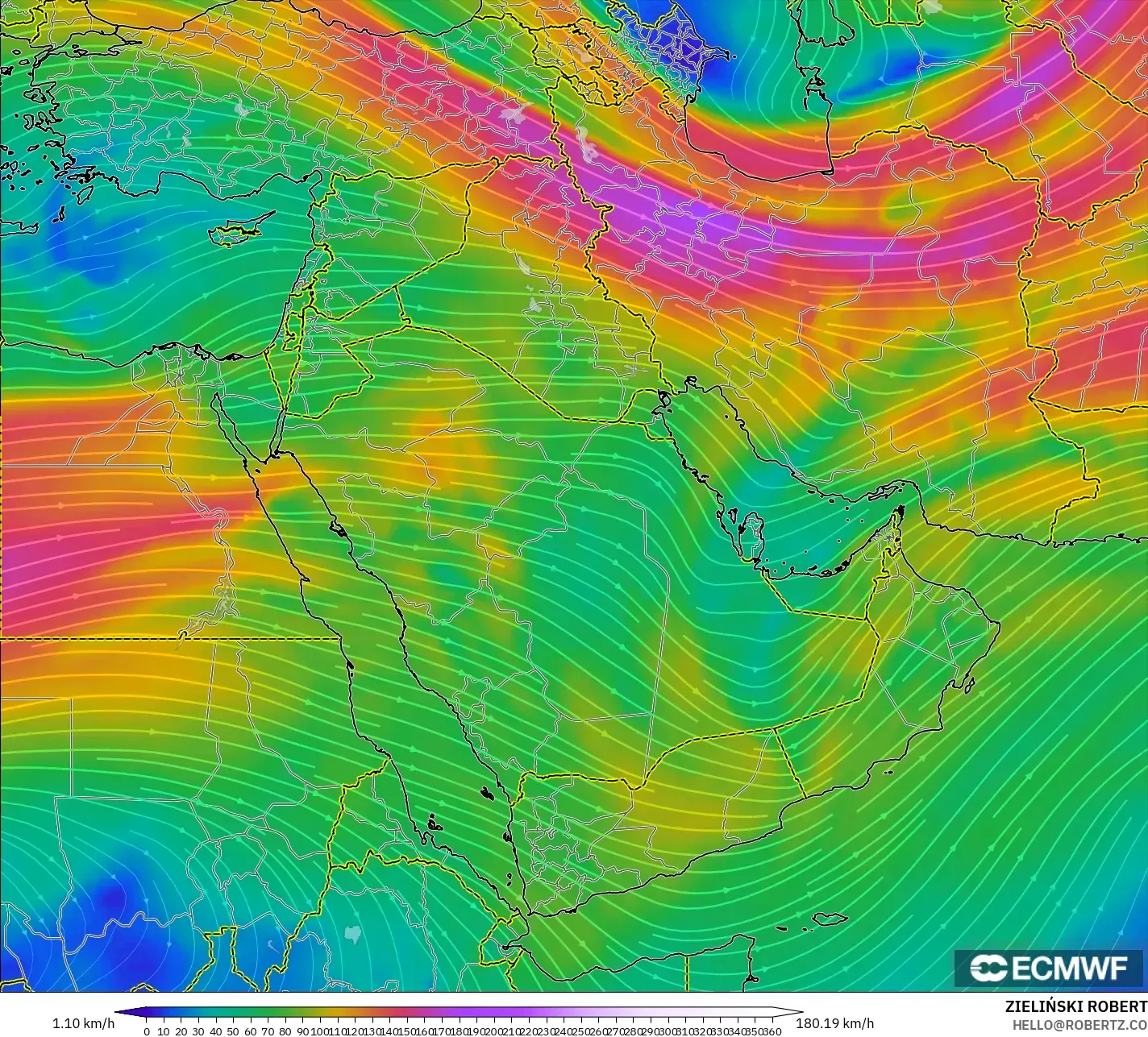 ECMWF IFS 0.25° نموذج - الشرق الأوسط, رياح 300 hPa (تيار نفاث)
