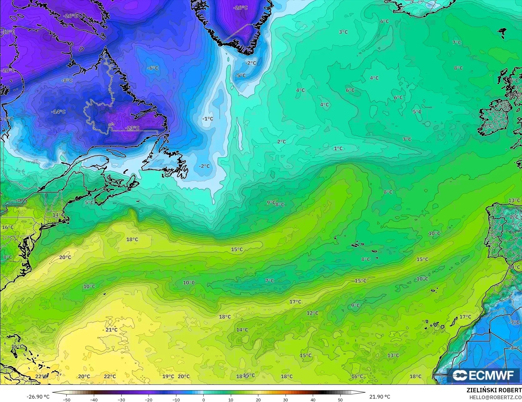 ECMWF IFS 0.25° نموذج - شمال الأطلسي, نقطة الندى 2 م