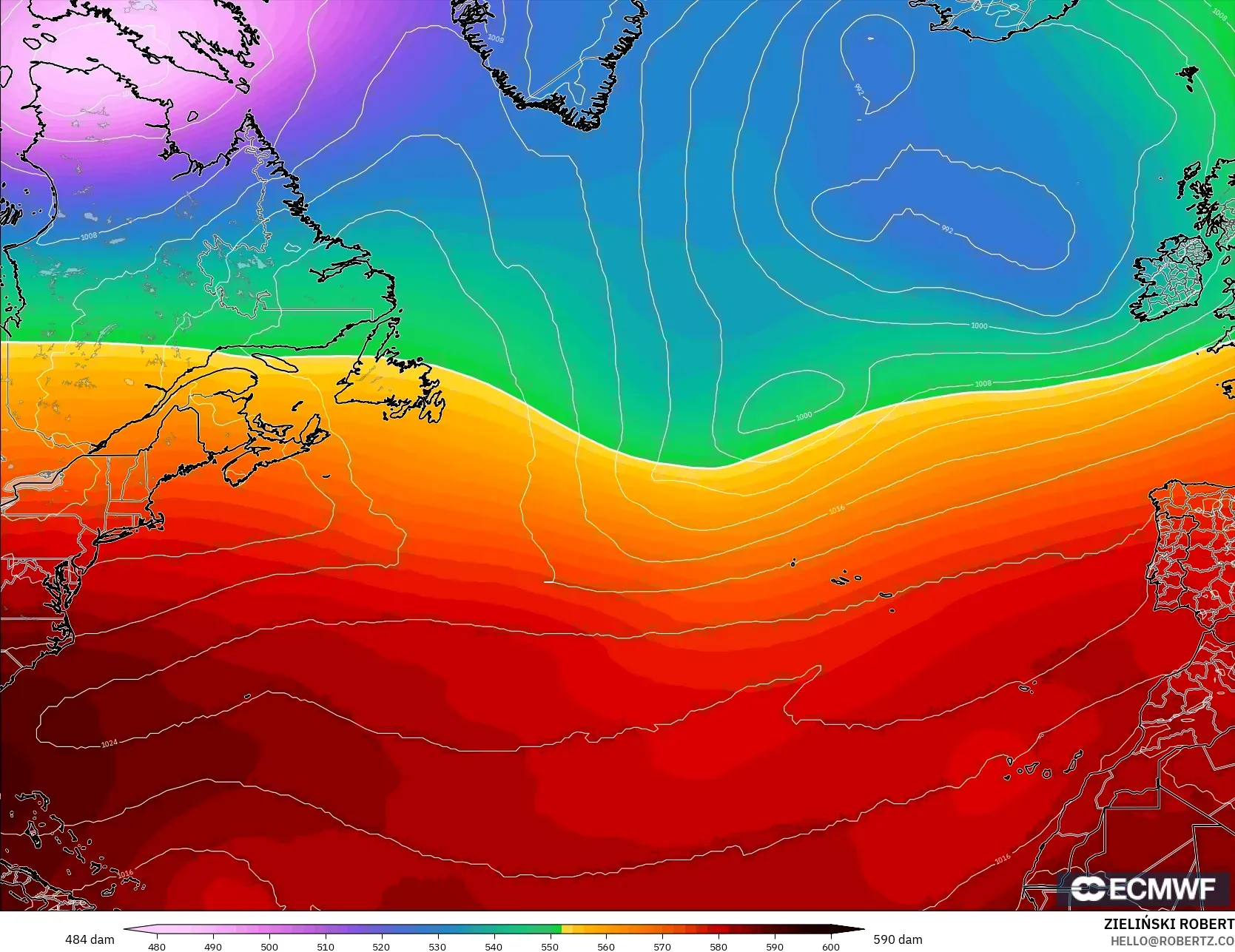 ECMWF IFS 0.25° نموذج - شمال الأطلسي, الارتفاع الجهدي عند 500 هكتوباسكال
