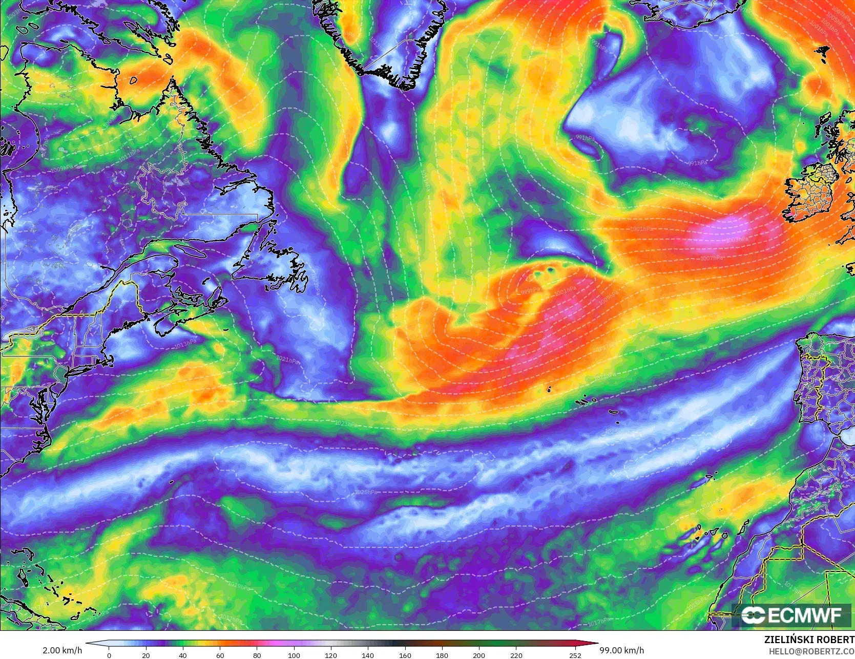 ECMWF IFS 0.25° نموذج - شمال الأطلسي, هبات الرياح