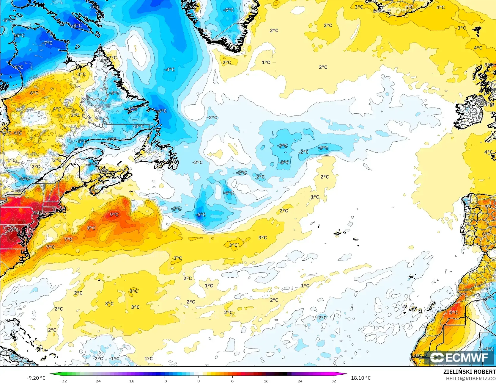 ECMWF IFS 0.25° نموذج - شمال الأطلسي, انحراف درجة الحرارة 2 م