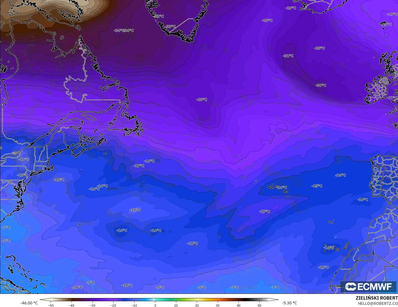 ECMWF IFS 0.25° نموذج - شمال الأطلسي, درجة الحرارة 500 hPa