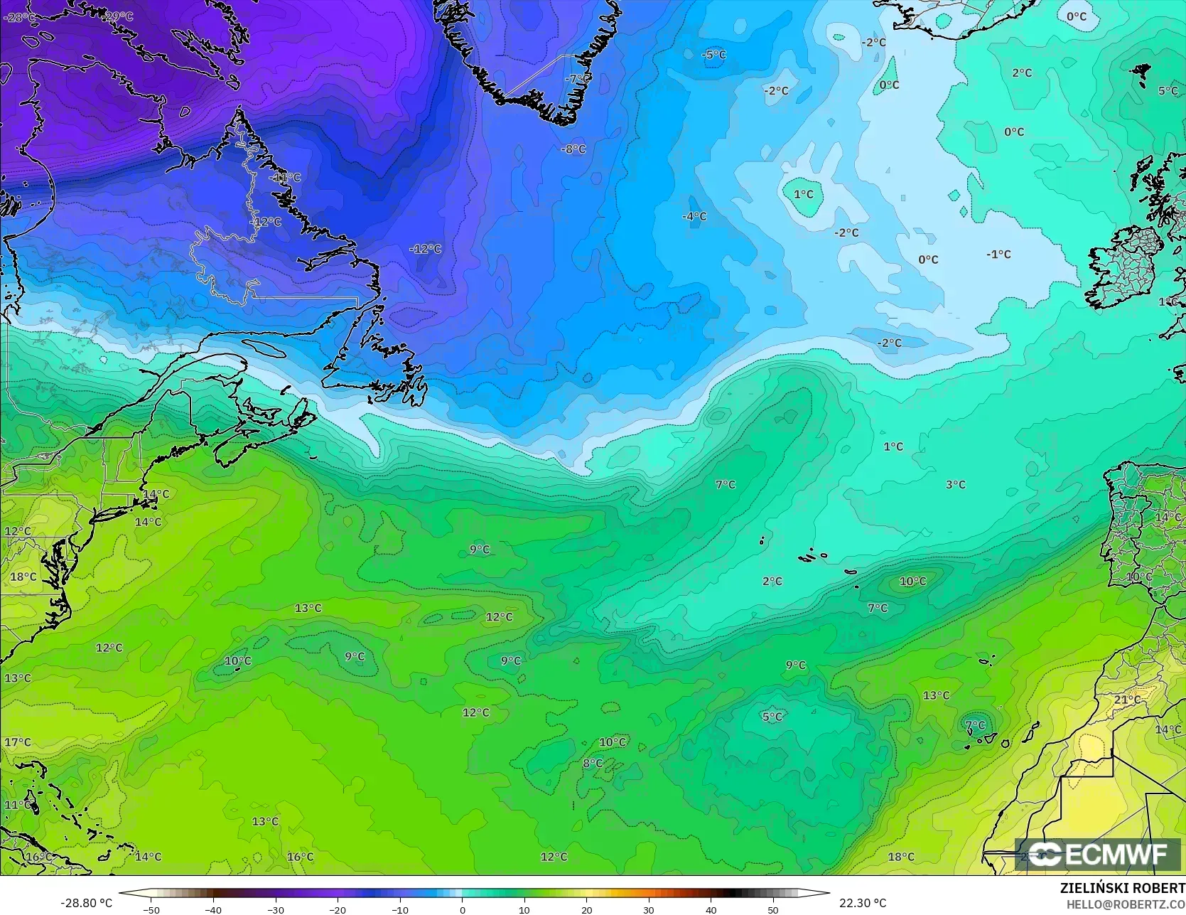 ECMWF IFS 0.25° نموذج - شمال الأطلسي, درجة الحرارة 850 hPa