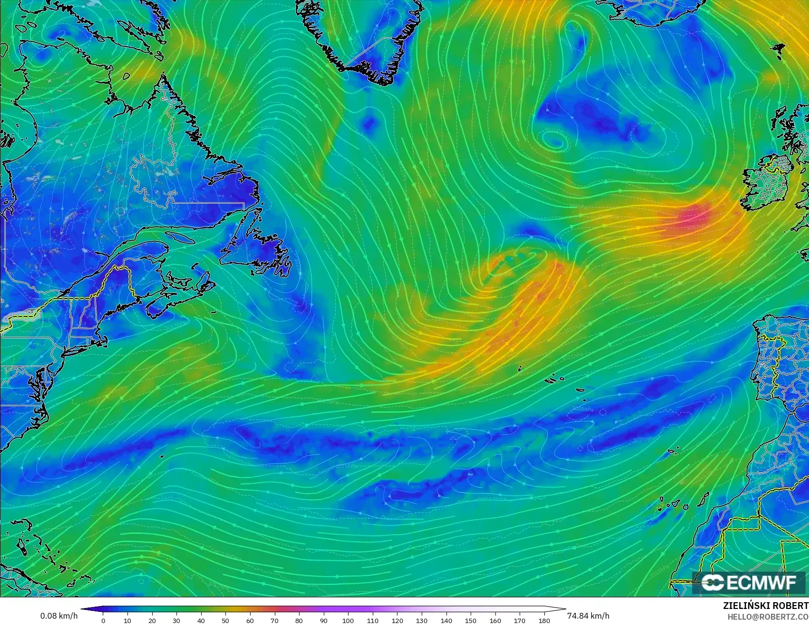 ECMWF IFS 0.25° نموذج - شمال الأطلسي, رياح 10 م