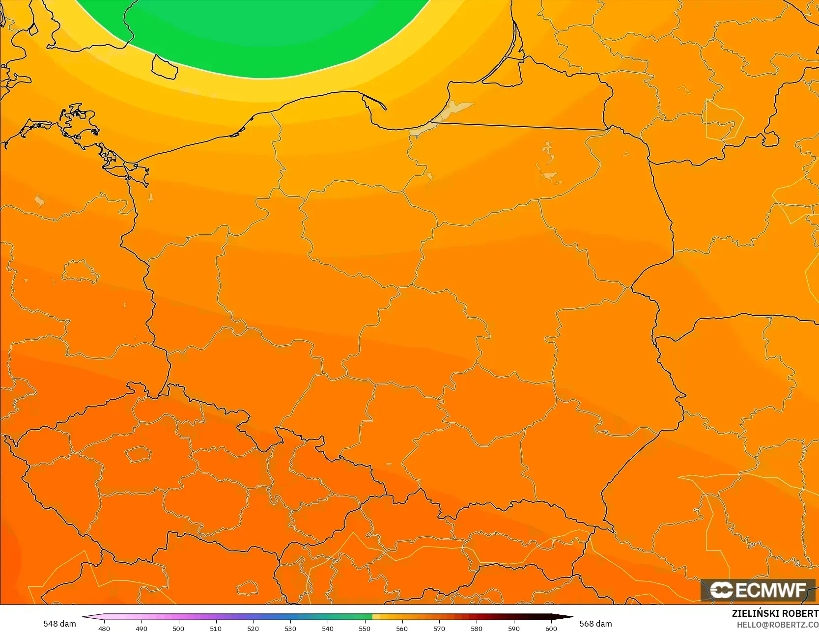ECMWF IFS 0.25° نموذج - بولندا, الارتفاع الجهدي عند 500 هكتوباسكال