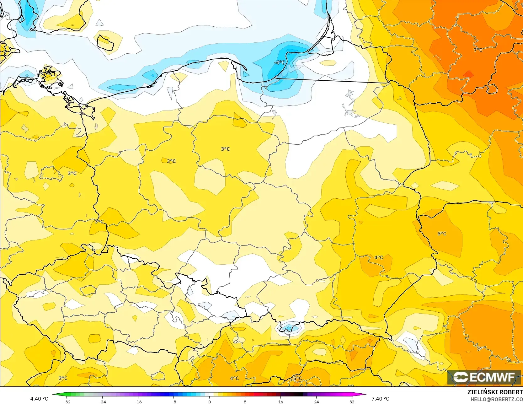 ECMWF IFS 0.25° نموذج - بولندا, انحراف درجة الحرارة 2 م