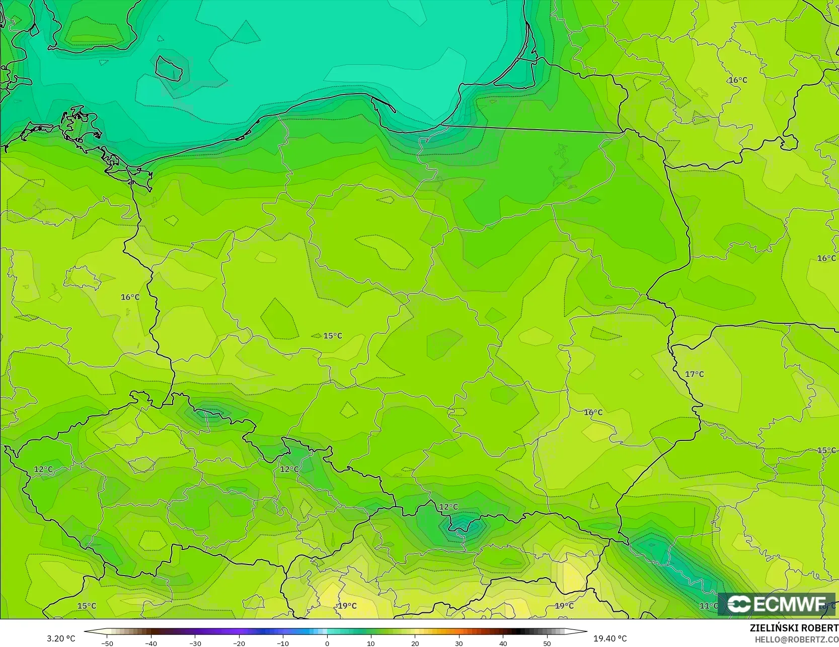 ECMWF IFS 0.25° نموذج - بولندا, درجة الحرارة على ارتفاع 2 م
