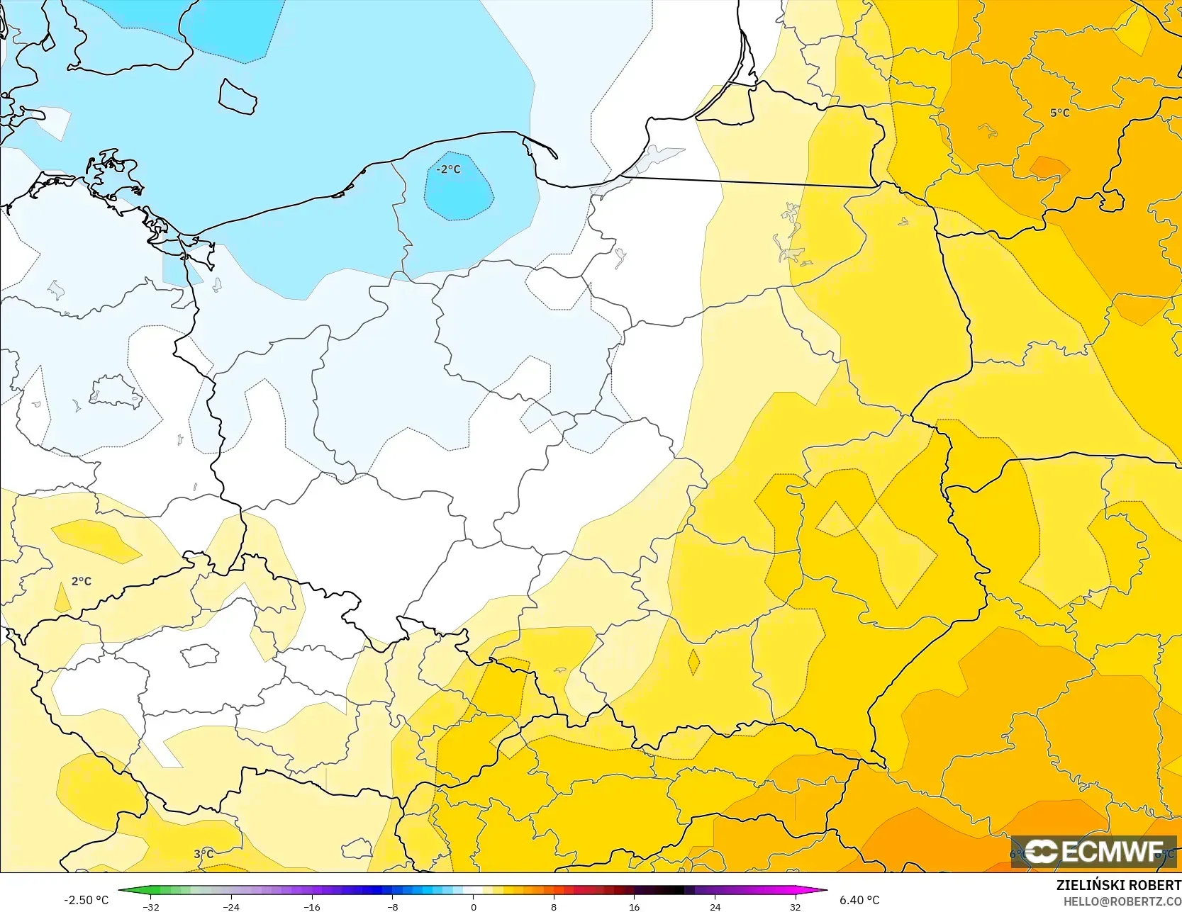 ECMWF IFS 0.25° نموذج - بولندا, انحراف درجة الحرارة 850 hPa