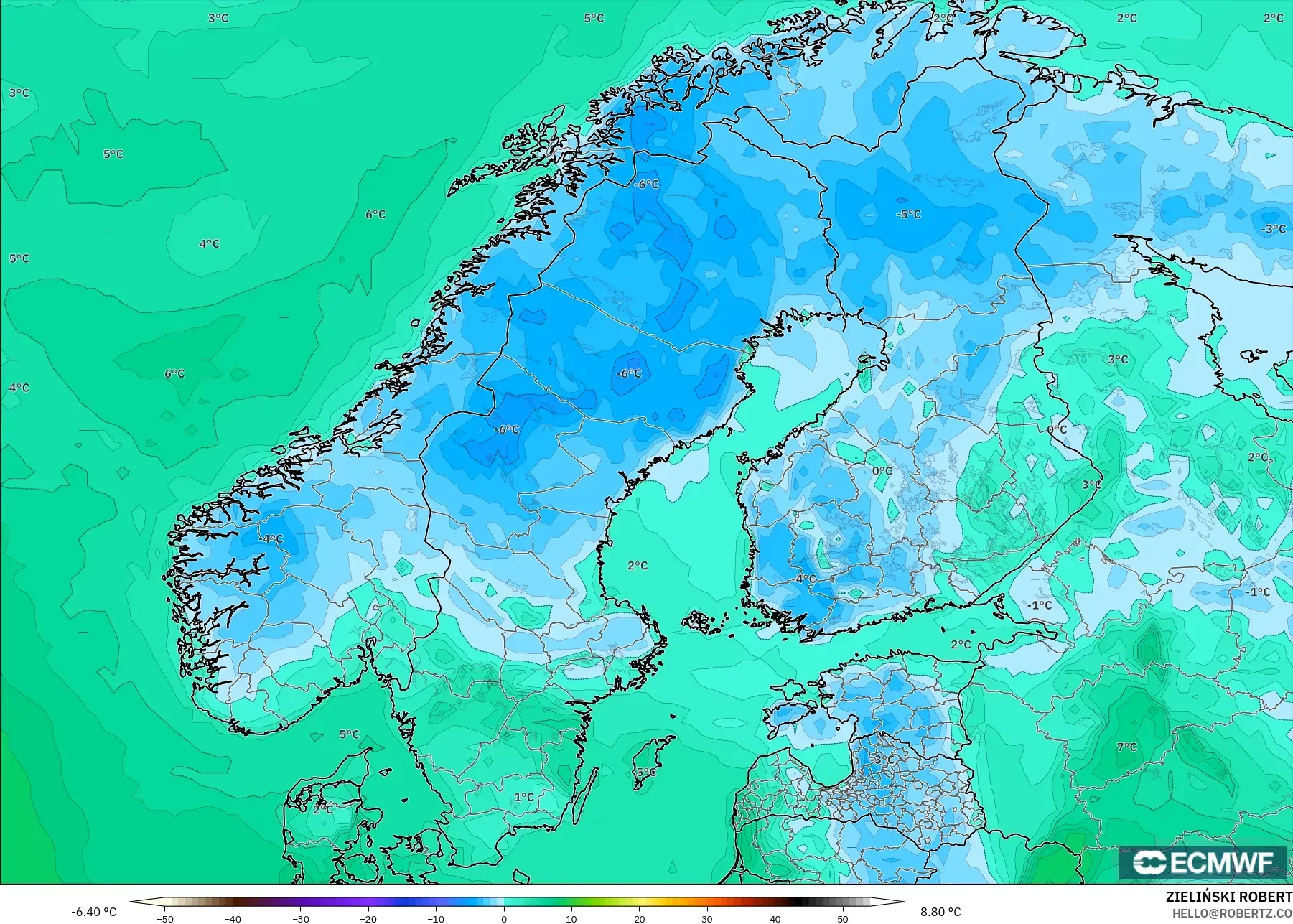 ECMWF IFS 0.25° نموذج - إسكندنافيا, نقطة الندى 2 م