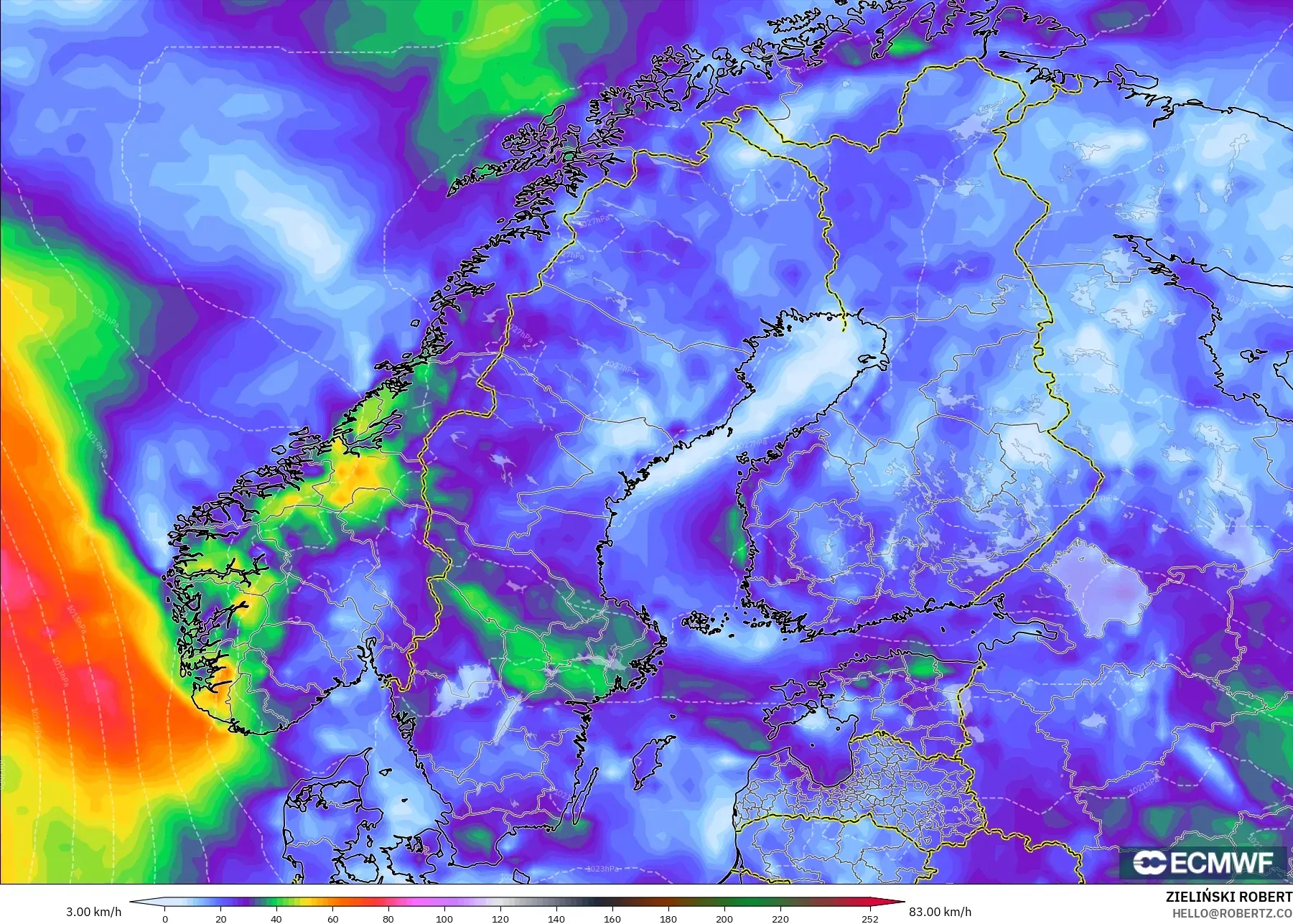 ECMWF IFS 0.25° نموذج - إسكندنافيا, هبات الرياح