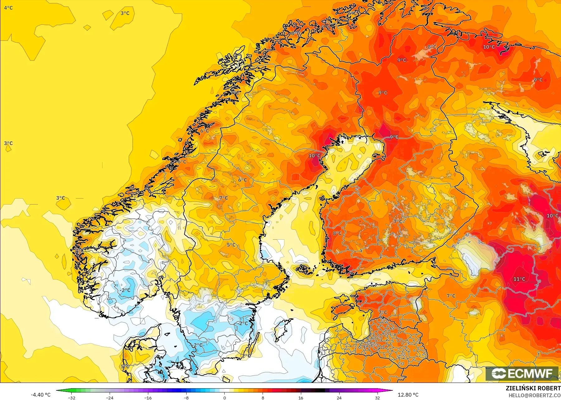 ECMWF IFS 0.25° نموذج - إسكندنافيا, انحراف درجة الحرارة 2 م