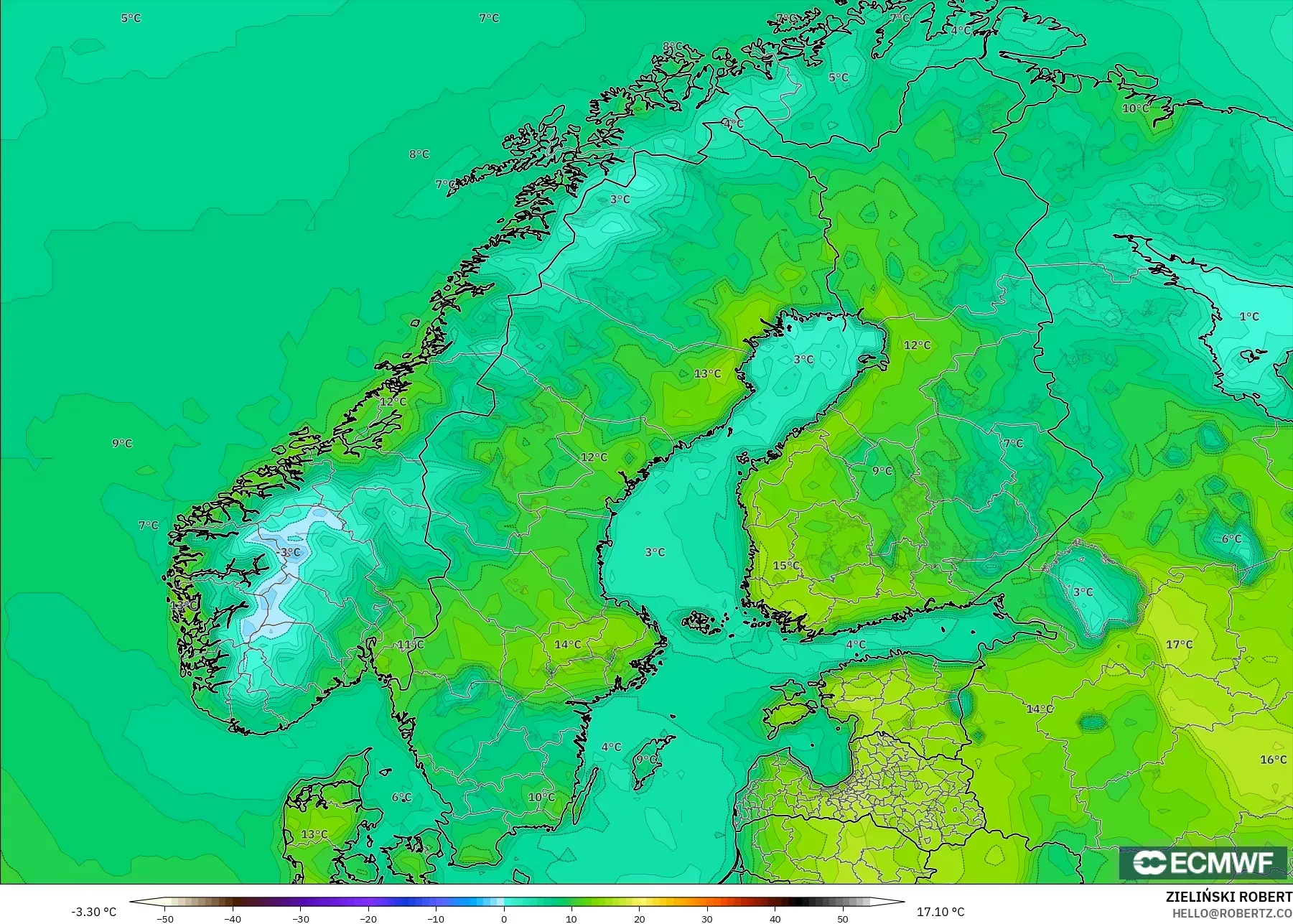 ECMWF IFS 0.25° نموذج - إسكندنافيا, درجة الحرارة على ارتفاع 2 م