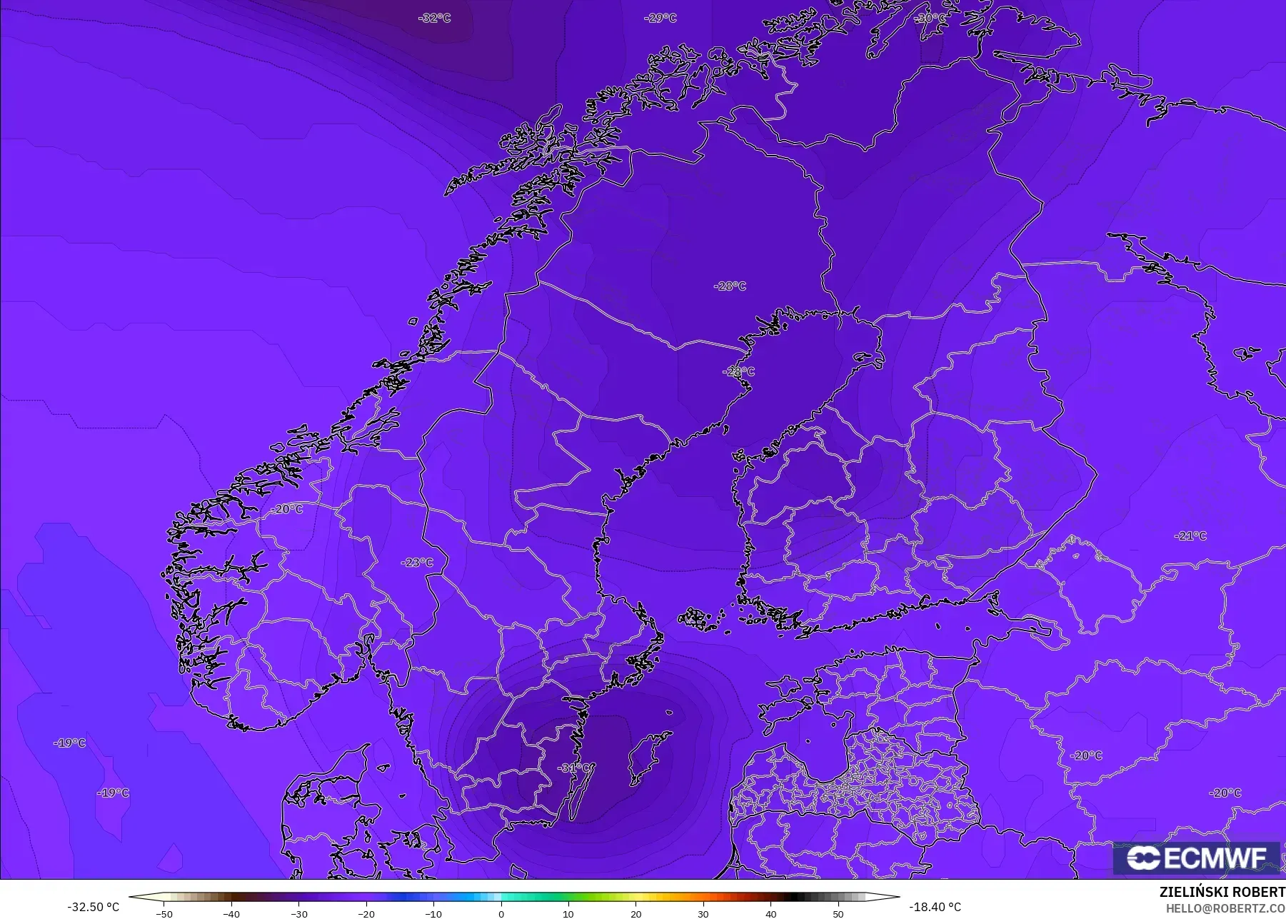 ECMWF IFS 0.25° نموذج - إسكندنافيا, درجة الحرارة 500 hPa