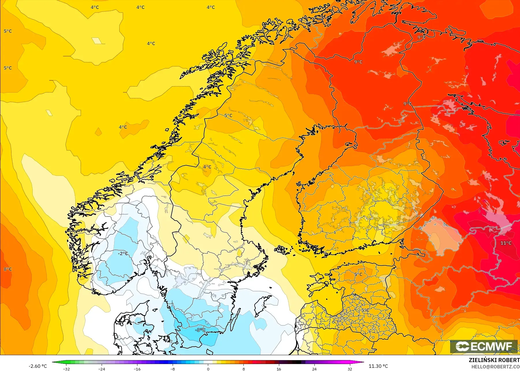 ECMWF IFS 0.25° نموذج - إسكندنافيا, انحراف درجة الحرارة 850 hPa