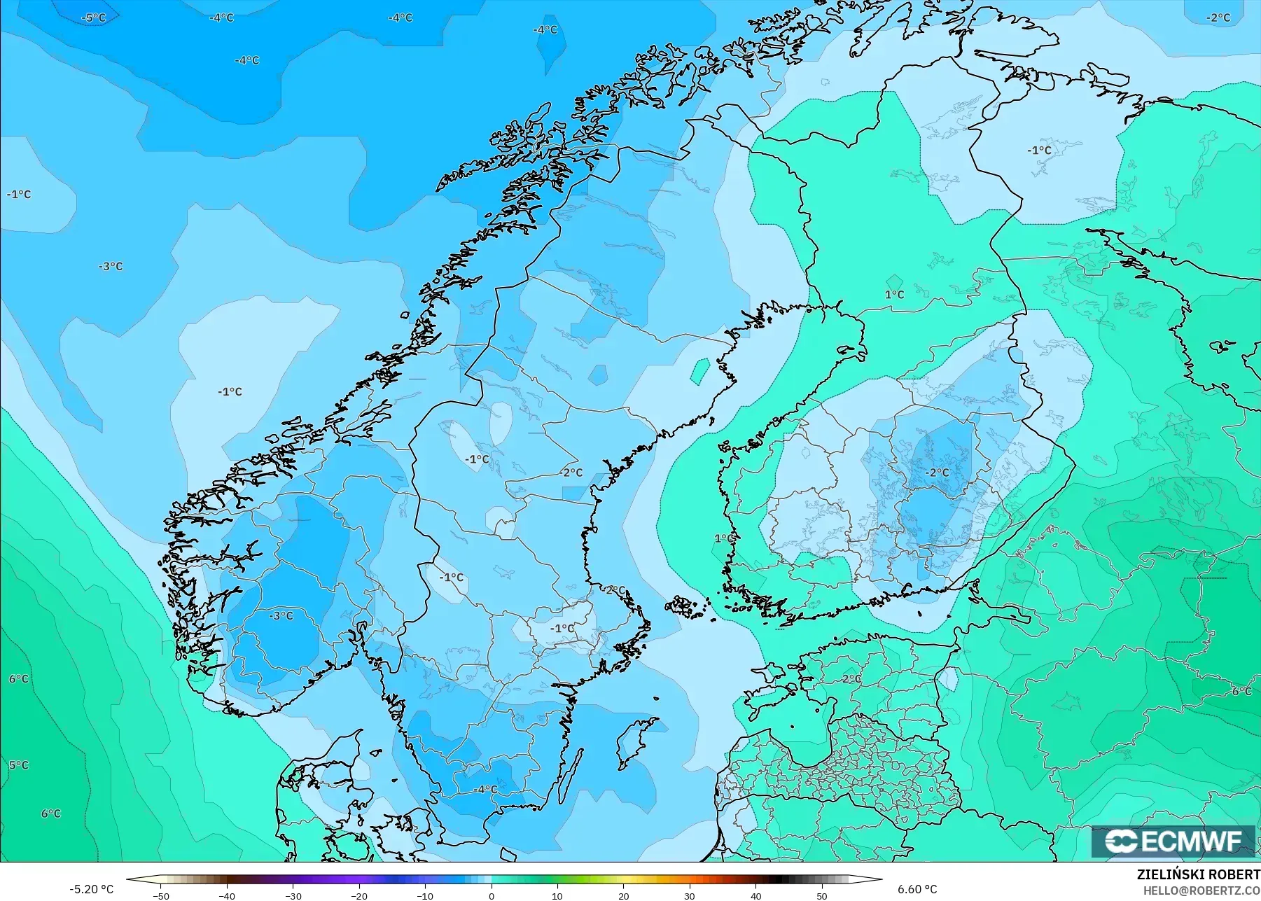 ECMWF IFS 0.25° نموذج - إسكندنافيا, درجة الحرارة 850 hPa