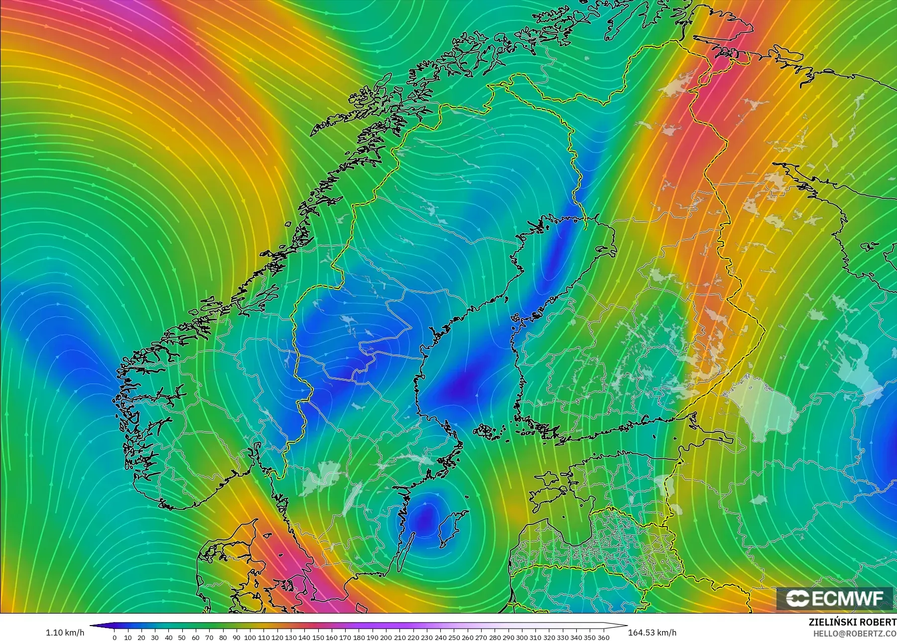 ECMWF IFS 0.25° نموذج - إسكندنافيا, رياح 300 hPa (تيار نفاث)