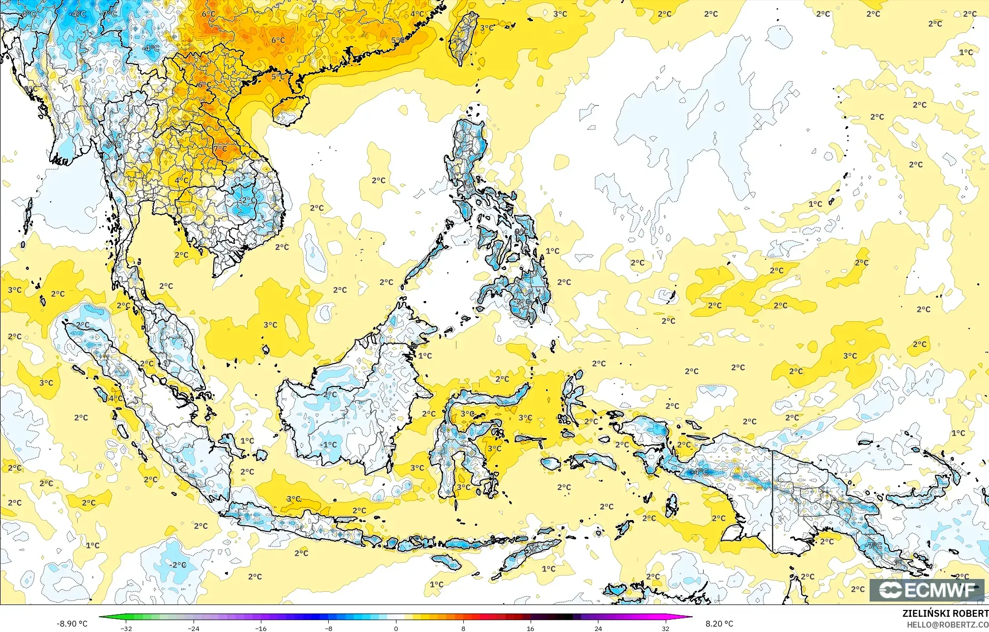ECMWF IFS 0.25° نموذج - جنوب شرق آسيا, انحراف درجة الحرارة 2 م