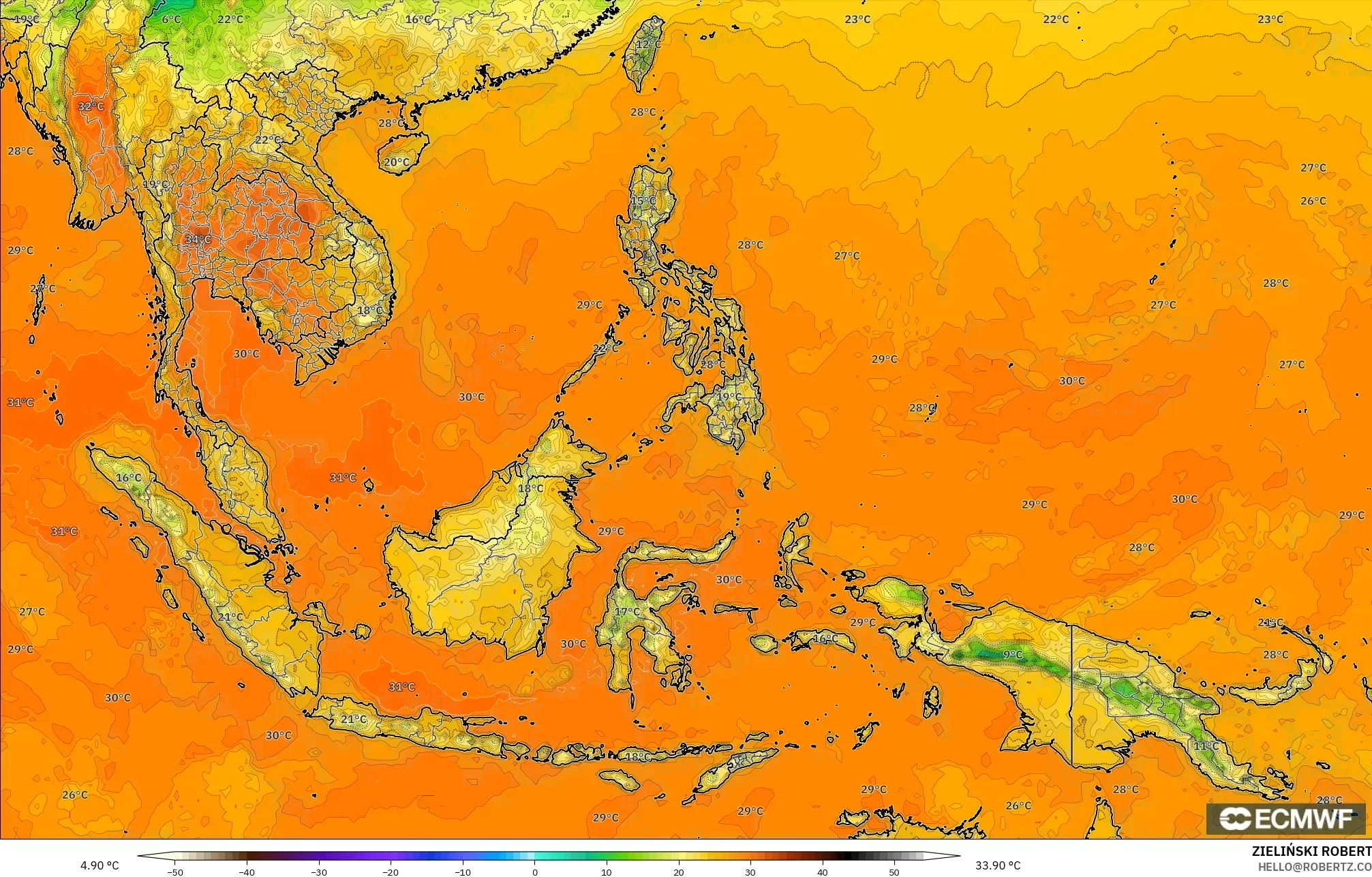 ECMWF IFS 0.25° نموذج - جنوب شرق آسيا, درجة الحرارة على ارتفاع 2 م