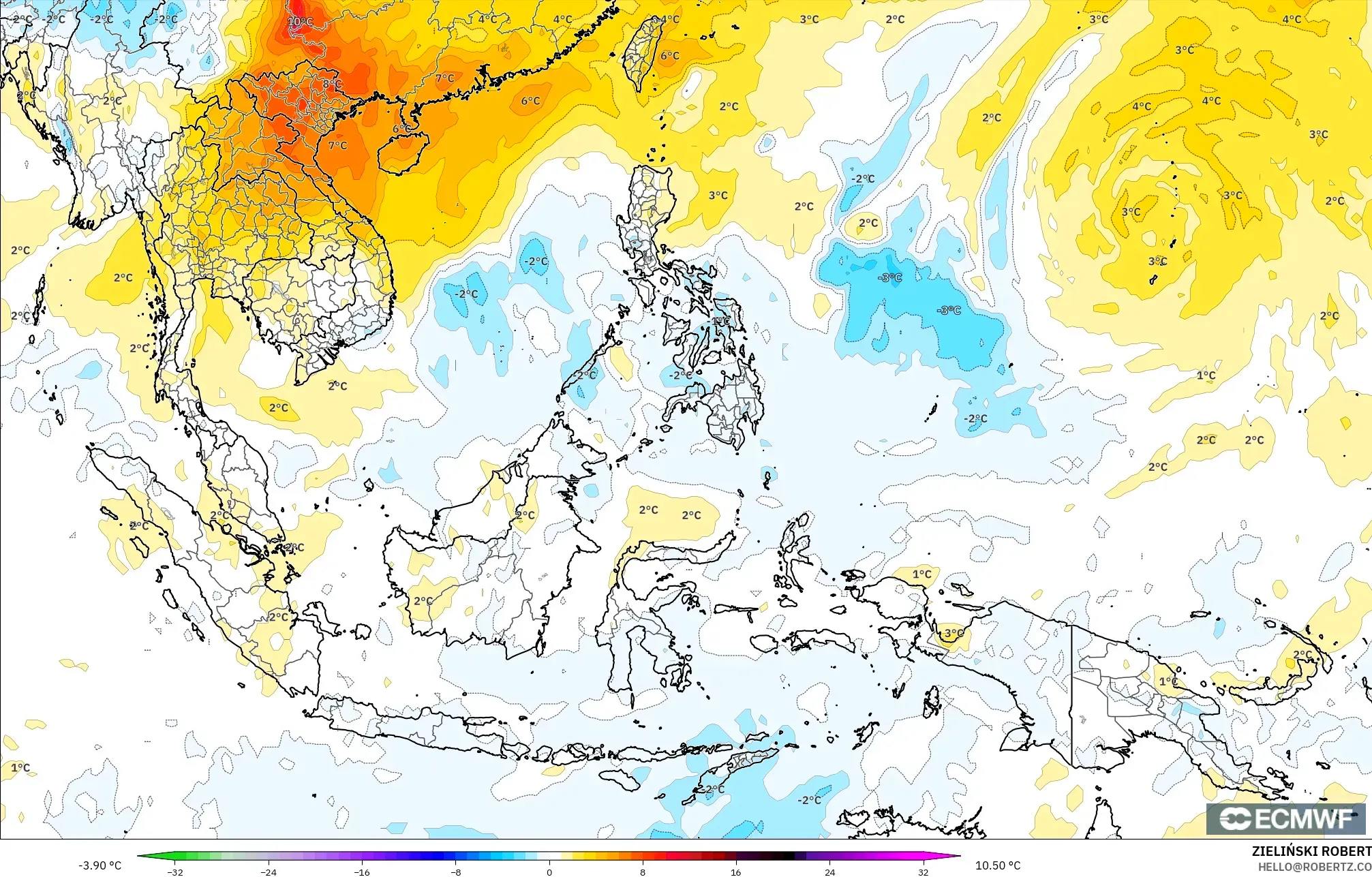 ECMWF IFS 0.25° نموذج - جنوب شرق آسيا, انحراف درجة الحرارة 850 hPa