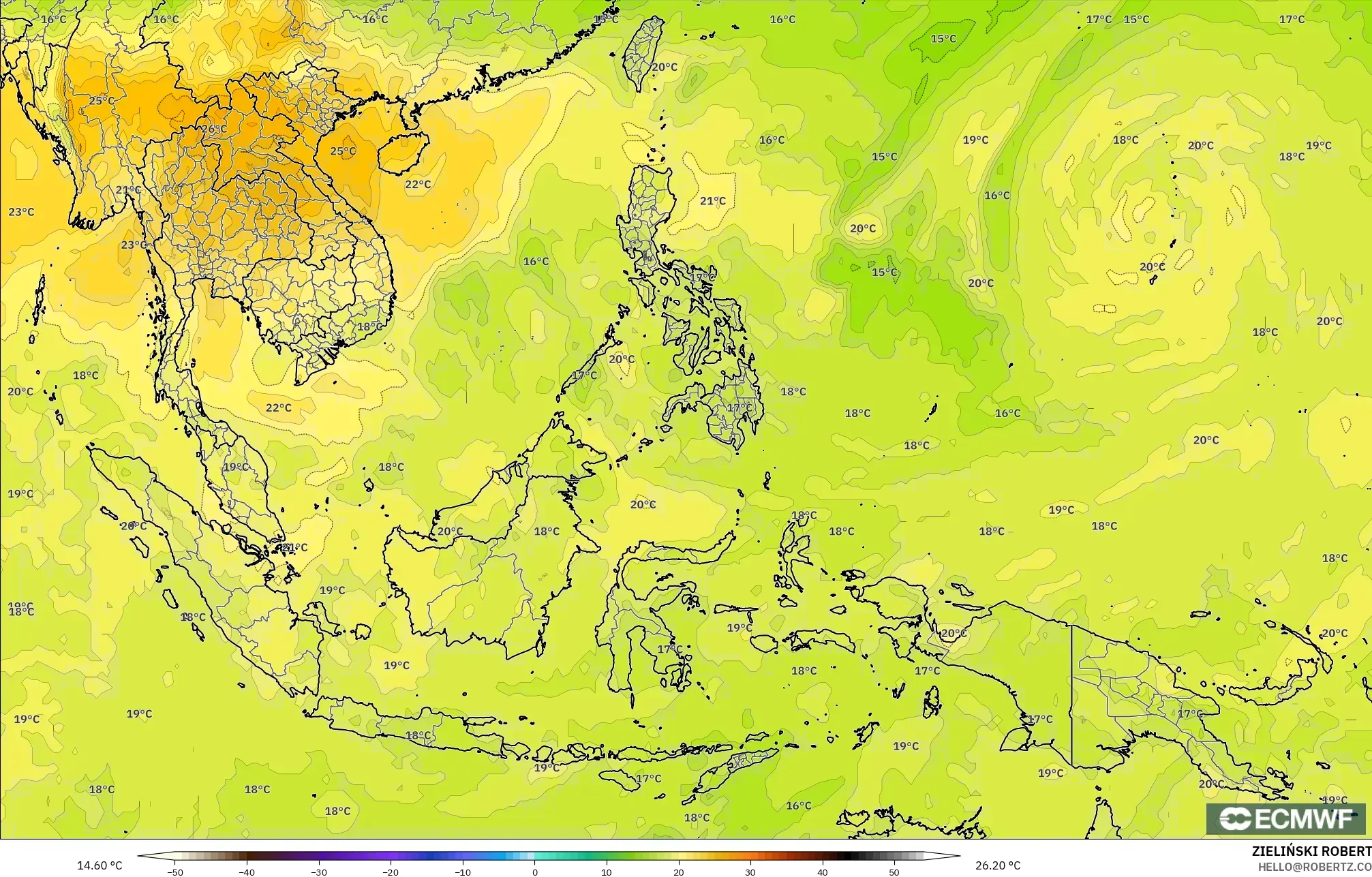 ECMWF IFS 0.25° نموذج - جنوب شرق آسيا, درجة الحرارة 850 hPa