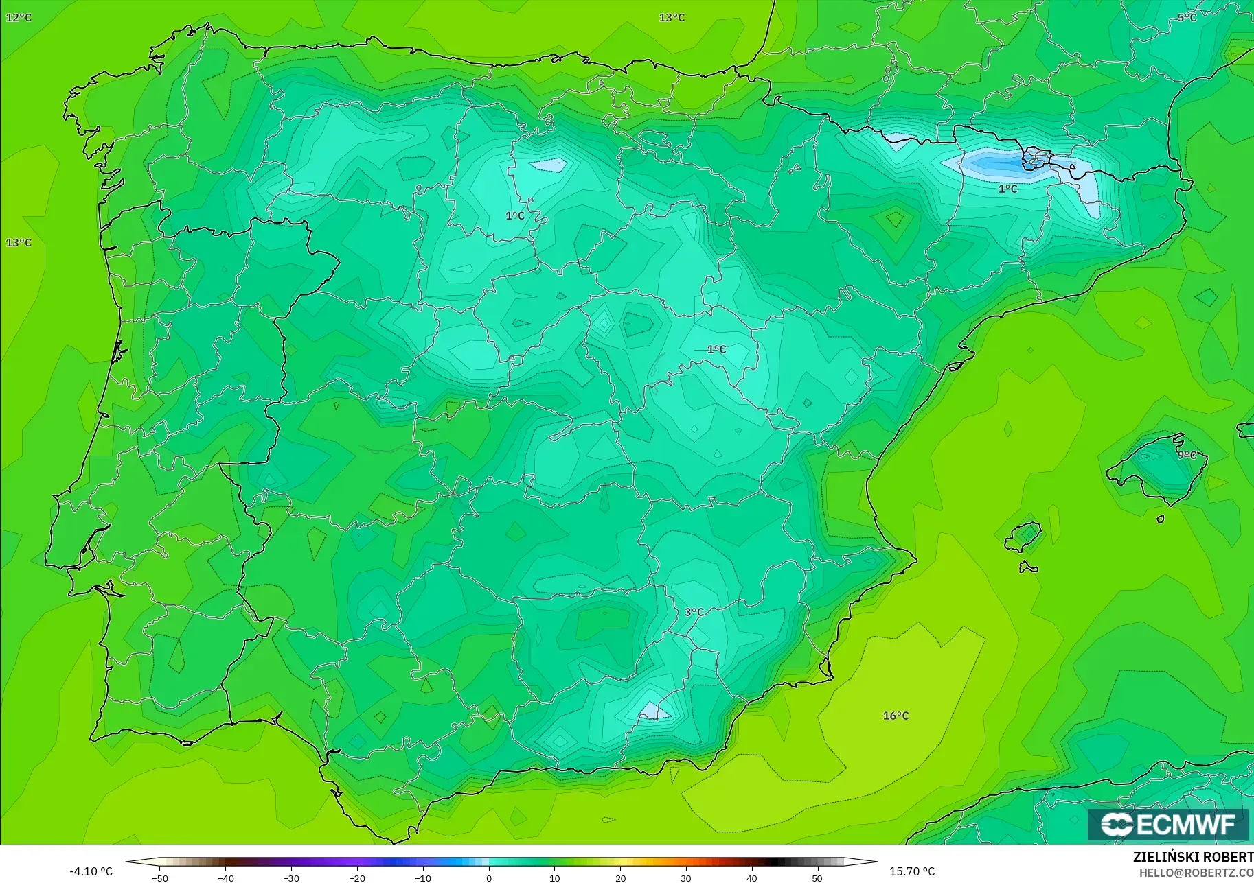 ECMWF IFS 0.25° نموذج - إسبانيا, نقطة الندى 2 م