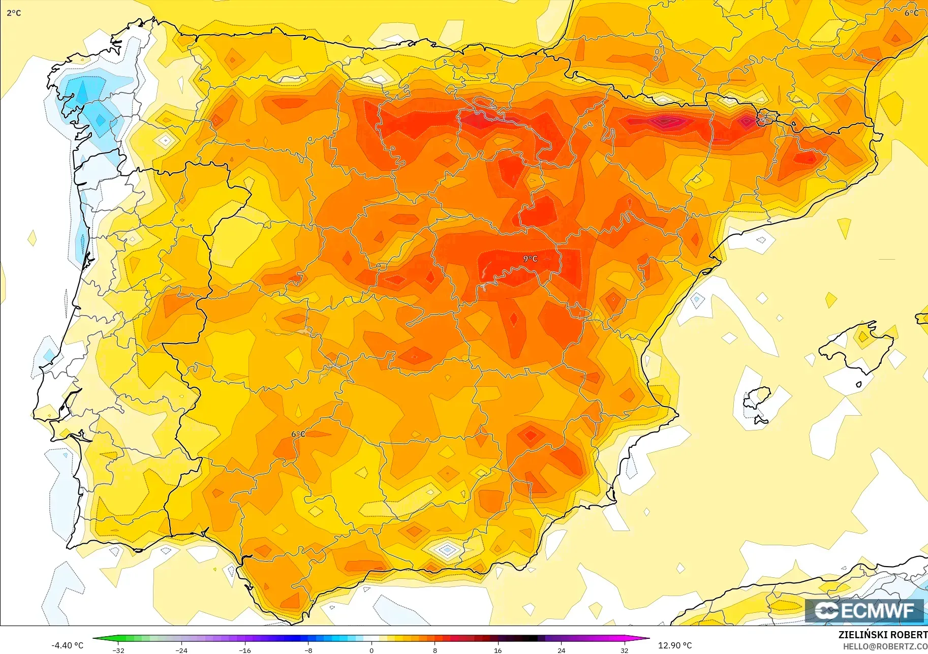 ECMWF IFS 0.25° نموذج - إسبانيا, انحراف درجة الحرارة 2 م