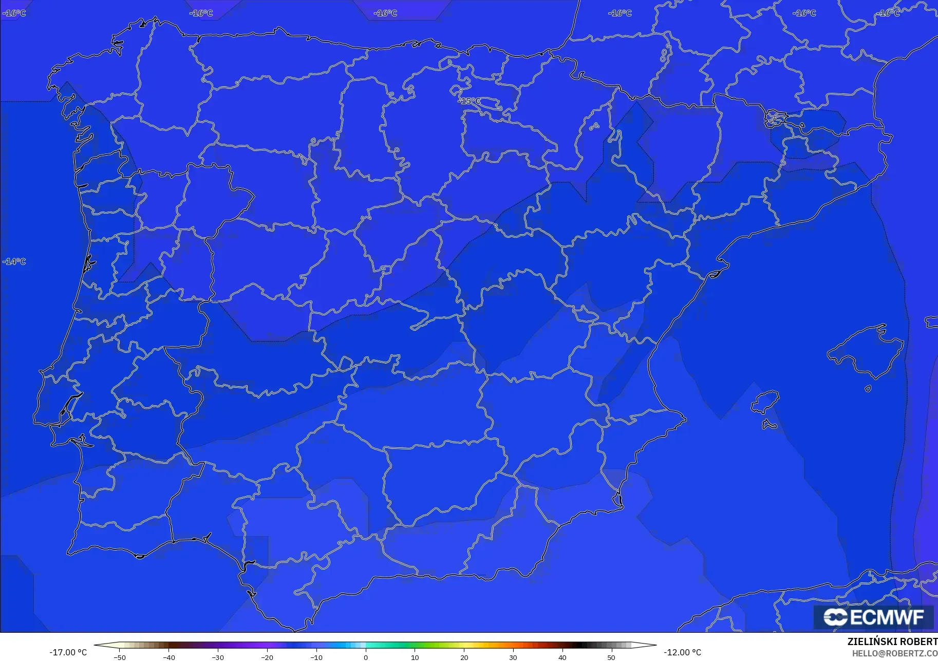 ECMWF IFS 0.25° نموذج - إسبانيا, درجة الحرارة 500 hPa