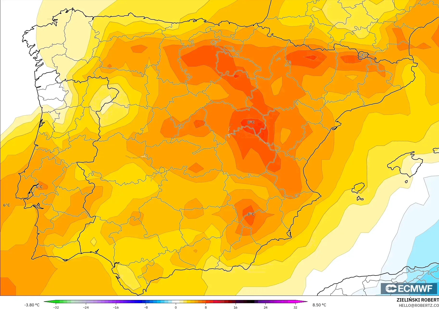 ECMWF IFS 0.25° نموذج - إسبانيا, انحراف درجة الحرارة 850 hPa