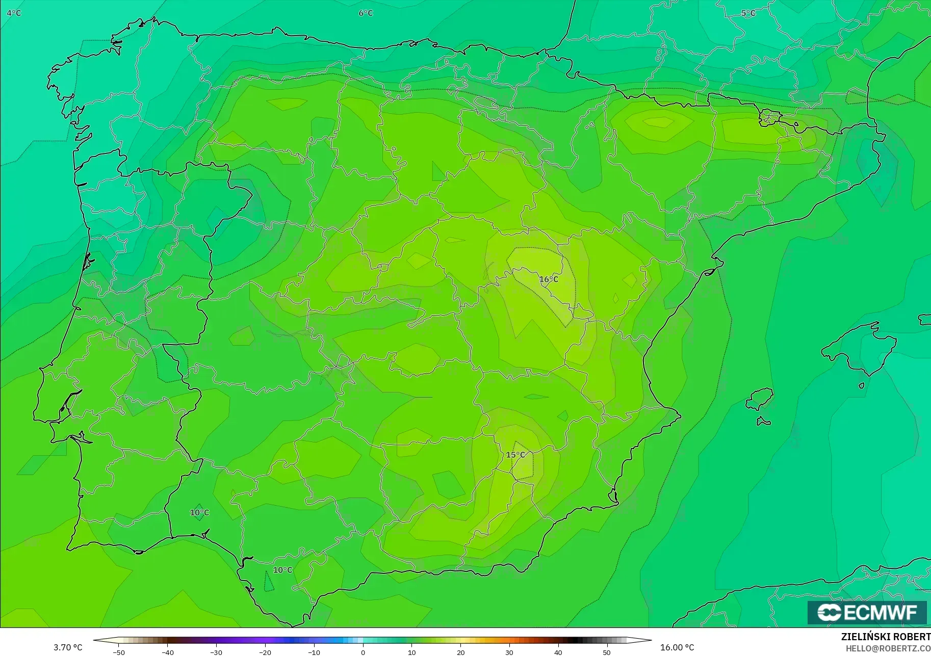 ECMWF IFS 0.25° نموذج - إسبانيا, درجة الحرارة 850 hPa
