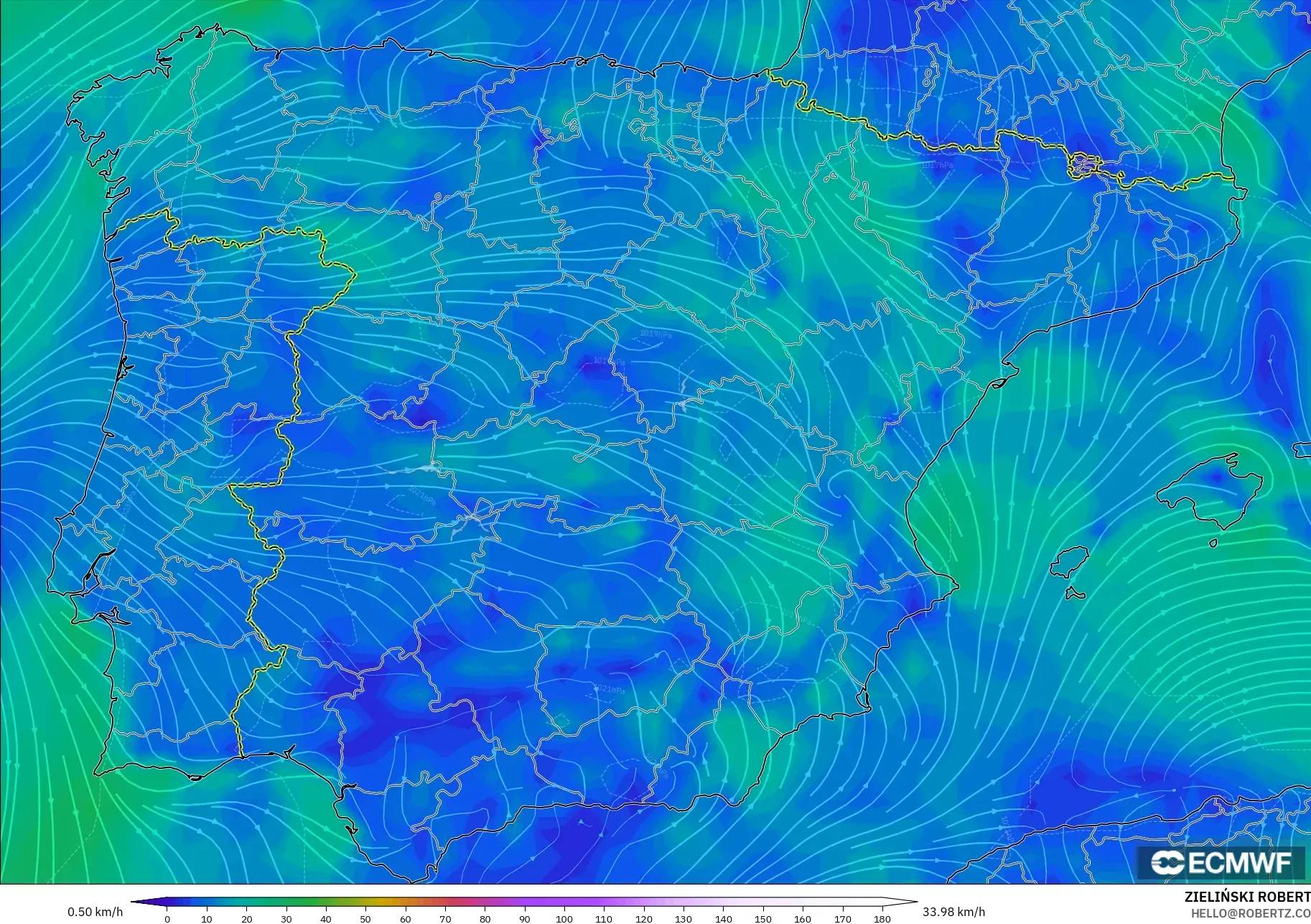 ECMWF IFS 0.25° نموذج - إسبانيا, رياح 10 م