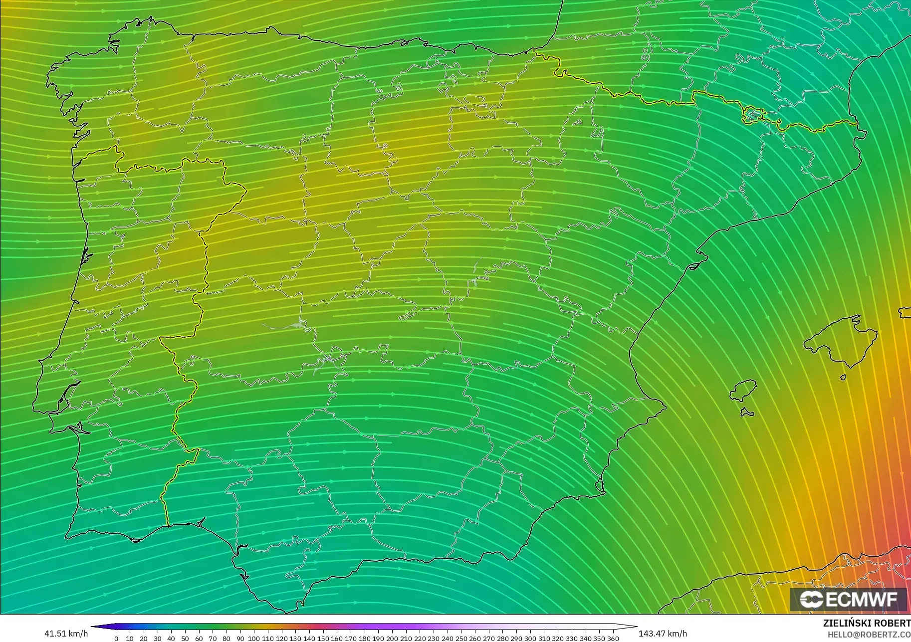ECMWF IFS 0.25° نموذج - إسبانيا, رياح 300 hPa (تيار نفاث)