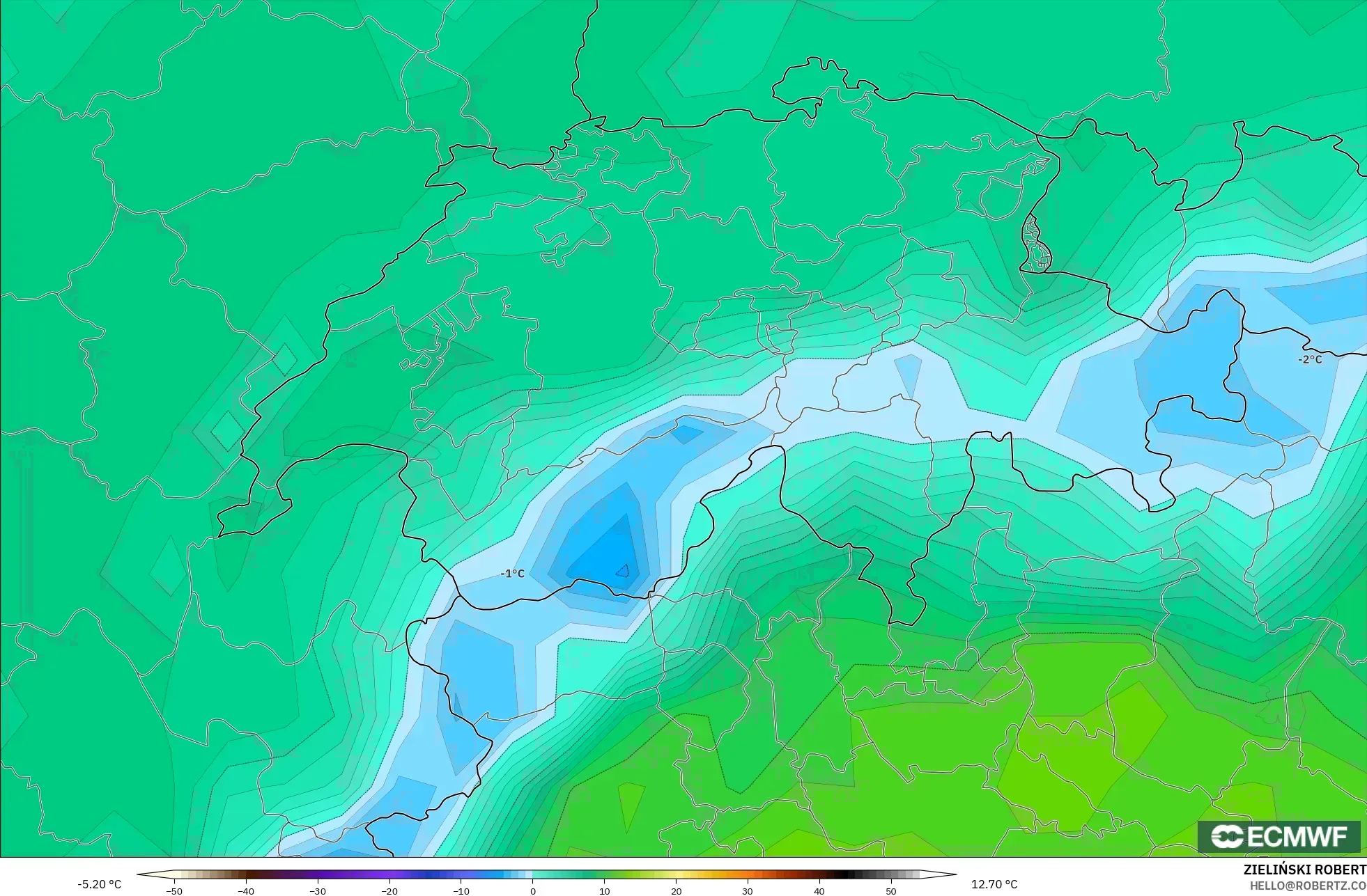ECMWF IFS 0.25° نموذج - سويسرا, نقطة الندى 2 م